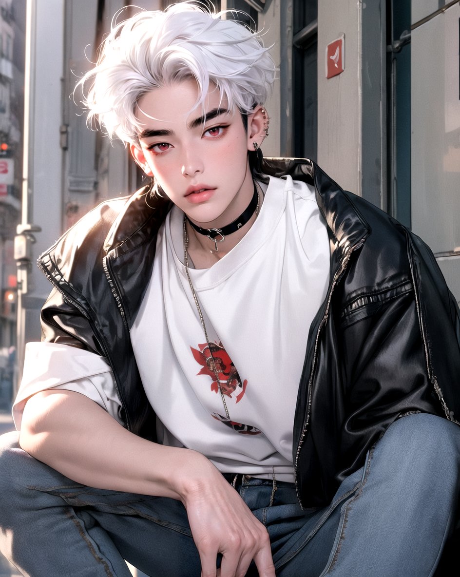 masterpiece, best quality, highly detailed background, perfect lighting, ((masterpiece)), depth of field, cinematic lighting, 1boy, Eunho, red eyes, white hair, looking at viewer,  jacket, choker, piercing,  ear piercing, jeans, short hair, black jacket,  o-ring, shirt,  <lora:more_details:0.1>,  <lora:Eunho:1>, sitting, medium hair