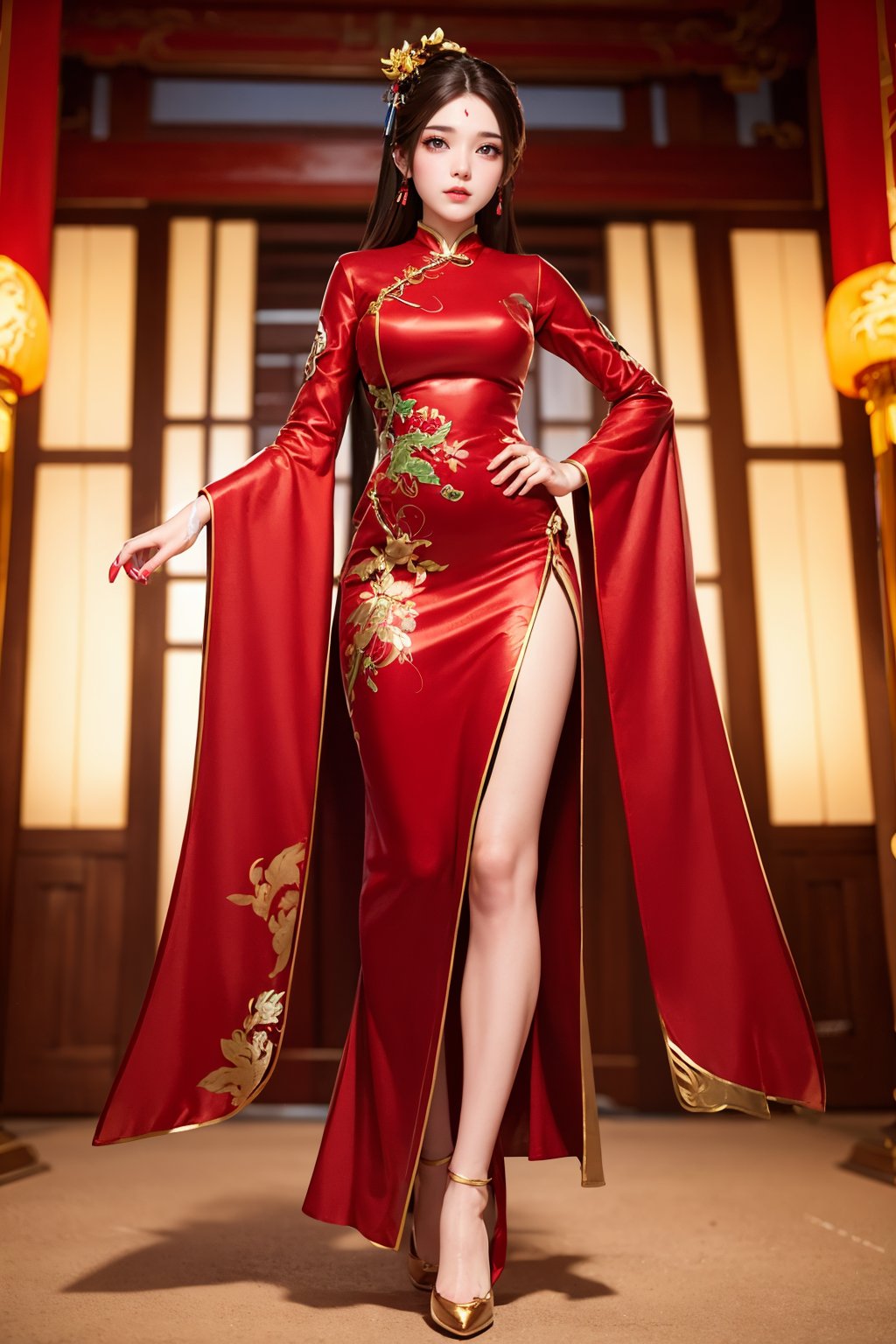 1girl,forehead mark,red dress,dress,brown hair,solo,facial mark,chinese clothes,bare legs,full body,