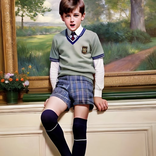 Portrait of a young British schoolboy in a traditional 1960s school uniform, with shorts and knee-high socks, realistic style inspired by John Singer Sargent's portraits, intricate details such as the stitching on the uniform and the child's expression, studio lighting to capture every detail in high resolution.  <lora:School Uniforms:0.85>