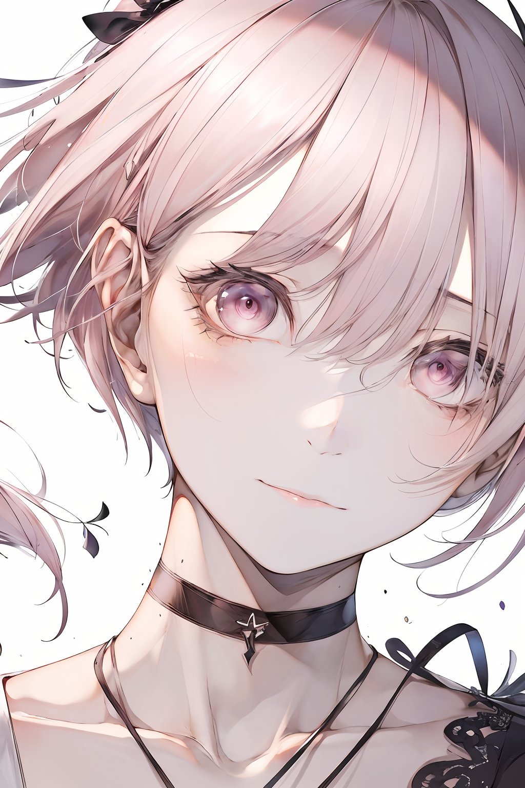 a close-up shot of a girl,1girl,looking at viewer,short hair,bangs,simple background,white background,hair between eyes,closed mouth,white hair,pink eyes,black choker,close-up,<lora:lbc_Girly_v2.0-000006:0.8>,