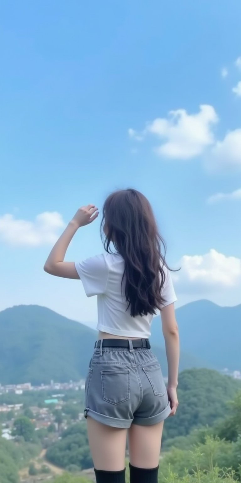 XSHDHa woman stands with her back to the viewer. She is wearing a short-sleeved white t-shirta pair of gray shorts with a black beltand black knee-high socks. Her hair is pulled backcascading over her shoulders. Her left hand is raised in the airadding a touch of movement to her body. The backdropa mountain range can be seen in the distance. The sky is bluedotted with white clouds. <lora:lora.by_tusi (7):1>