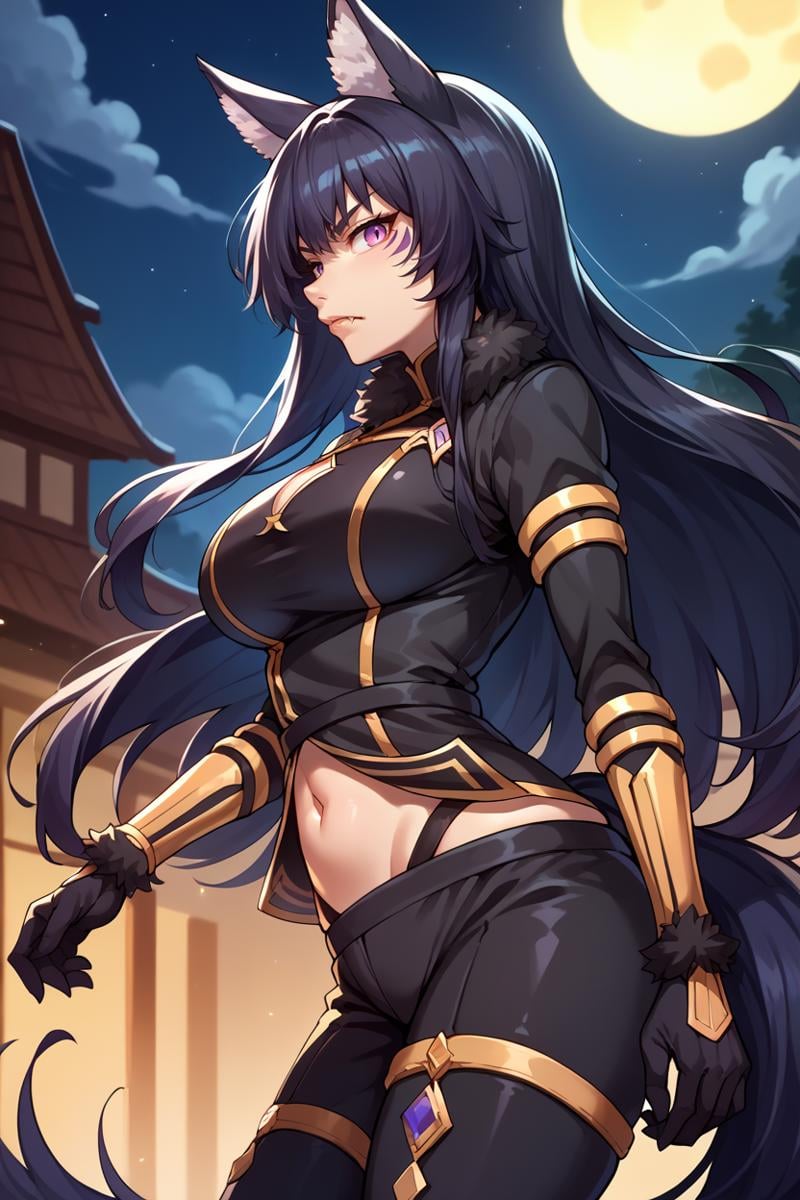 score_9, score_8_up, score_7_up, score_6_up, source_anime, 1girl, solo,  <lora:delta-pdxl-nvwls-v1-000005:1> delta, black hair, long hair, facial mark, wolf ears, black bodysuit, long sleeves, cleavage cutout, gold trim, navel, black pants, black gloves, fur trim, tail, from side, looking at you, serious, fangs, night, night sky, profile