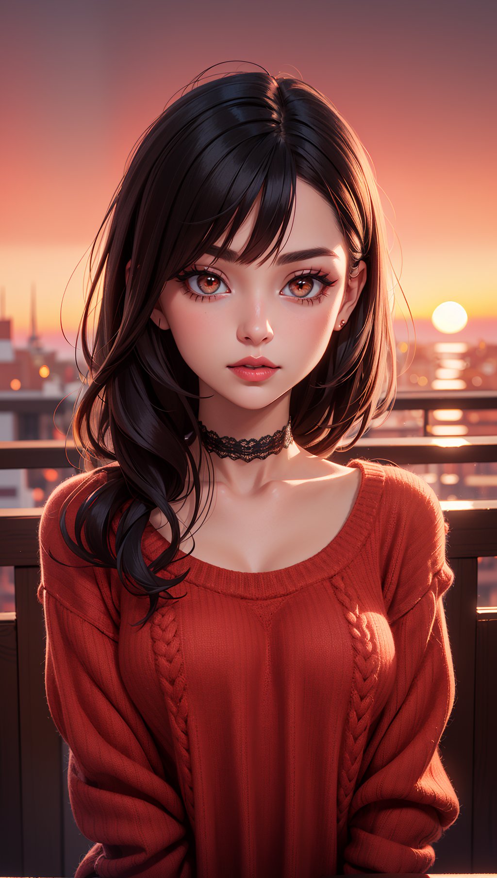 1 young cute iranian girl,very slim,skinny,redhead,rouge,red neck lace choker,cateyes makeup,colorful,oversize knit jumper,softcore,warm lighting,cosy atmosphere,Instagram style,red theme,upper body shot,(cinematic, black and red:0.85),(sunset beautiful background:1.3),sharp,dim colors,