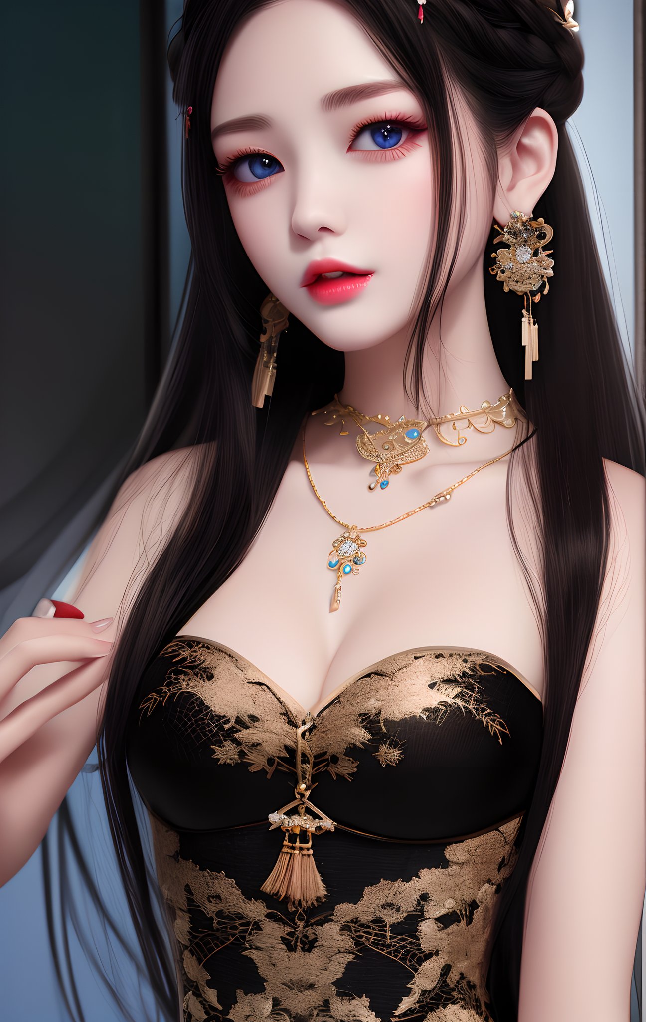 1girl, long_hair, solo, upper_body, china dress,dress,hair ornament, necklace, jewelry, long hair, earrings, chinese clothes