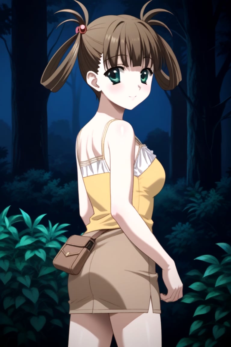 Highly detailed, High Quality, masterpiece, beautiful, 1girl, solo, (feminine focus, young woman, 16 years old), Hikari Kuroda, bangs, brown hair, hair ornament, twintails, green eyes, hair bobbles, hair rings, medium breasts, skirt, camisole, pencil skirt, forest, night, outdoors, looking_back, standing, from_behind, upper_body, ((yellow panties))<lora:EMS-433325-EMS:1.000000>