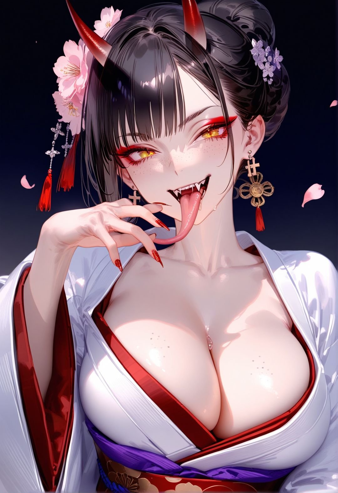 masterpiece, best quality,  <lora:RAR 0.4v:1>,RAR, masterpiece, best quality, 1girl, breasts, horns, solo, black hair, tongue, cleavage, earrings, japanese clothes, kimono, jewelry, large breasts, red nails, cherry blossoms, hair bun, looking at viewer, tongue out, long tongue, upper body, single hair bun, flower, sash, saliva, hair ornament, black background, fangs, white kimono, teeth, oni, obi, cross, cross earrings, nail polish, makeup, freckles, fingernails, yellow eyes, smile, petals, hand up, eyeshadow, open mouth, long sleeves, simple background, wide sleeves