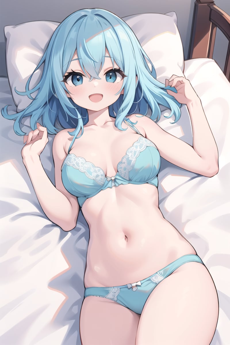 insanely detailed, absurdres, ultra-highres, ultra-detailed, best quality,1girl, solo, nice hands, perfect handsBREAKnude, (blue:1.3) bra, (blue:1.3) pantiesBREAKhappy smile, laugh, open mouth,(lying:1.3) on bed, cowboy shot, from aboveBREAKslender, kawaii, perfect symmetrical face, ultra cute girl, ultra cute face, ultra detailed eyes, ultra detailed hair, ultra cute, ultra beautifulBREAKelegant hotel room, closed curtains, antique interior, ultra detailed background,cinematic light, indirect lighting, evening light, depth of field,large breasts, cleavageBREAK(turquoise blue medium hair, black eyes), hair between eyes