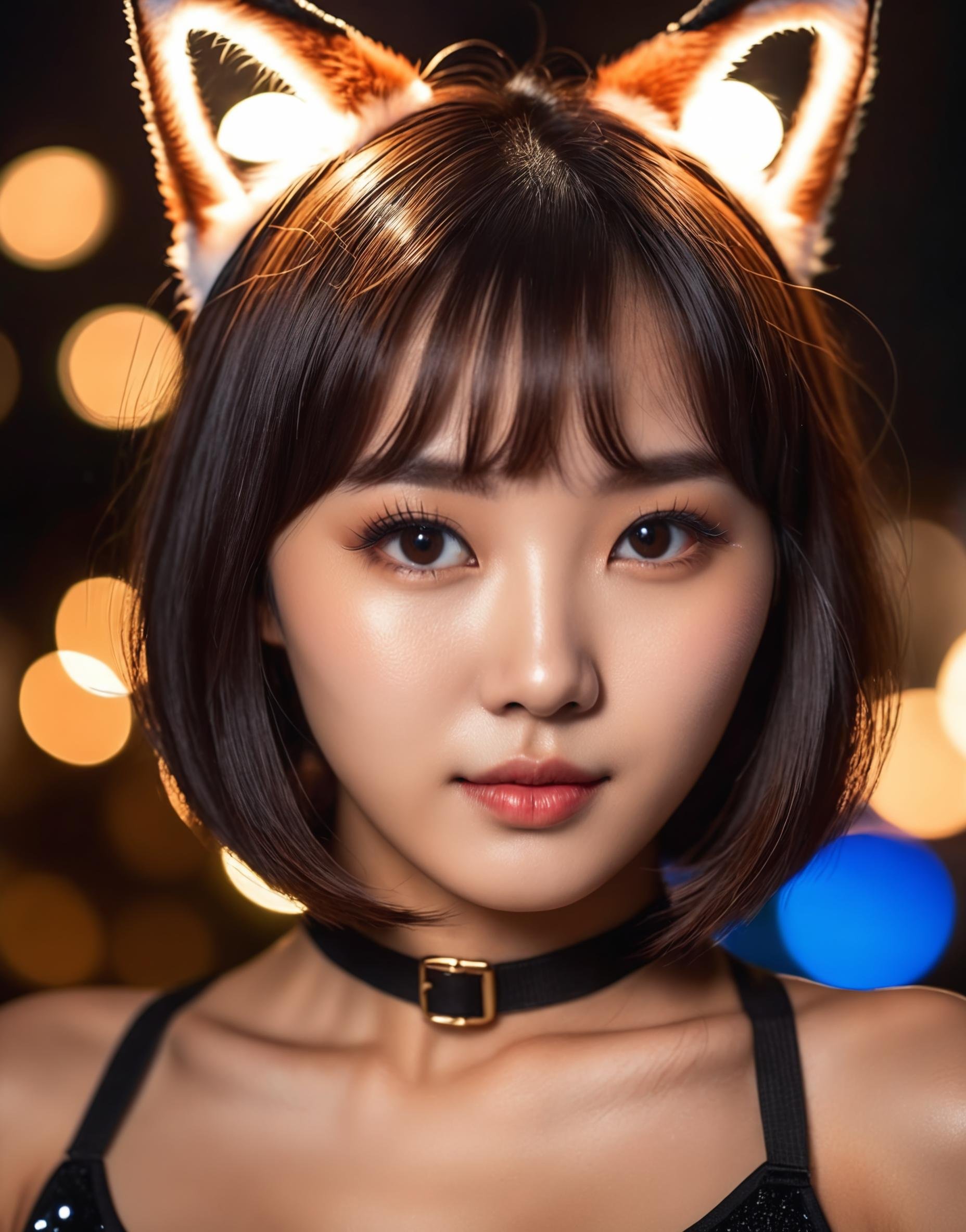 photo of a korean girl, 18 years old, bob cut, front bangs, skimpy, wet body, (fox ears), high quality photography, 3 point lighting, flash with softbox, 4k, Canon EOS R3, hdr, smooth, sharp focus, high resolution, award winning photo, 80mm, f2.8, bokeh