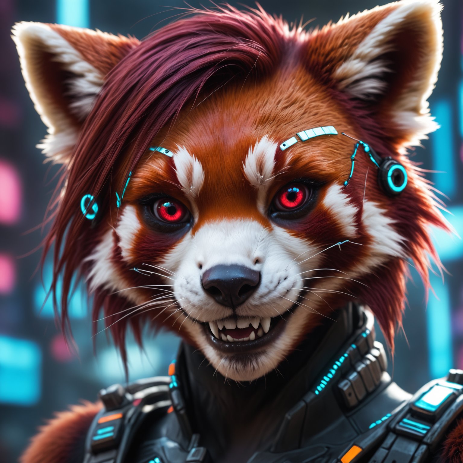 closeup, face portrait,anthro red panda ,cyberpunk , fangs  <lora:Furry Enhancer 6.1:0.8>