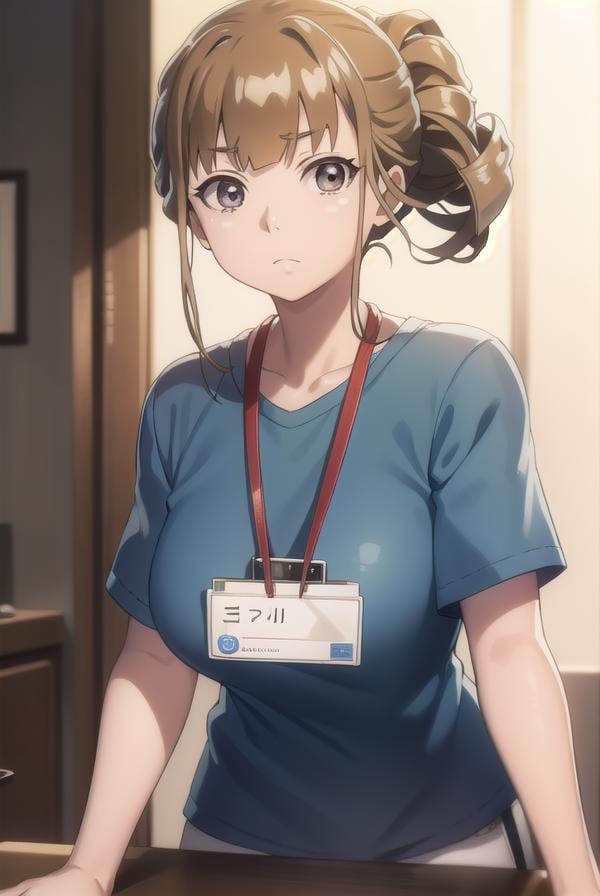 hinatamiyake, <lora:hinata miyake s1-lora-nochekaiser:1>,hinata miyake, short hair, brown hair, (brown eyes:1.5),BREAK shirt, short sleeves, uniform, blue shirt, name tag, id card, employee uniform,BREAK indoors,BREAK looking at viewer,BREAK <lyco:GoodHands-beta2:1>, (masterpiece:1.2), best quality, high resolution, unity 8k wallpaper, (illustration:0.8), (beautiful detailed eyes:1.6), extremely detailed face, perfect lighting, extremely detailed CG, (perfect hands, perfect anatomy),