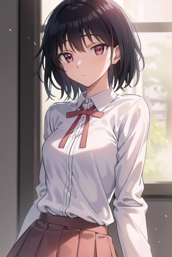 yakumotsukamoto, <lora:yakumo tsukamoto s2-lora-nochekaiser:1>,yakumo tsukamoto, short hair, black hair, (red eyes:1.3),BREAK skirt, shirt, long sleeves, bow, ribbon, school uniform, white shirt, pleated skirt, collared shirt, bowtie, red ribbon, neck ribbon, red skirt,BREAK indoors, classroom,BREAK looking at viewer, (cowboy shot:1.5),BREAK <lyco:GoodHands-beta2:1>, (masterpiece:1.2), best quality, high resolution, unity 8k wallpaper, (illustration:0.8), (beautiful detailed eyes:1.6), extremely detailed face, perfect lighting, extremely detailed CG, (perfect hands, perfect anatomy),