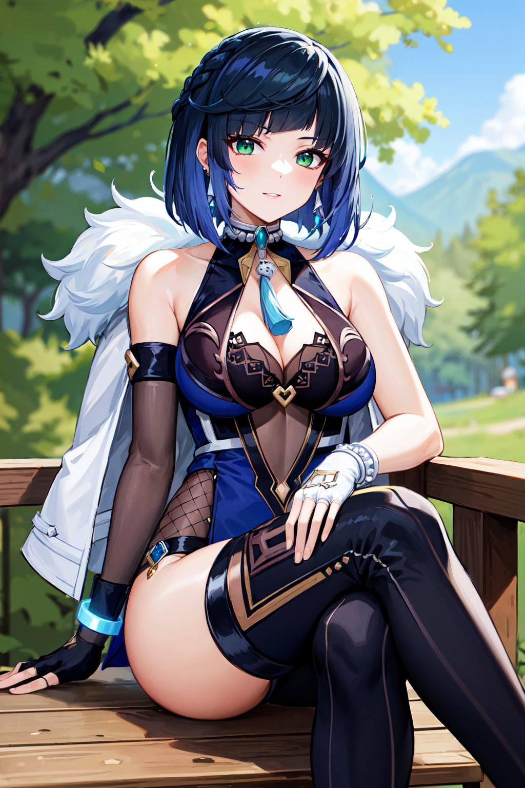 masterpiece, best quality, highres, aayelan, short hair, bob cut, braid, green eyes, earrings, neck tassel, jacket on shoulders, fur-trimmed jacket, white jacket, cleavage, blue dress, sleeveless, bracelet, asymmetrical gloves, fingerless gloves, elbow gloves, pelvic curtain, <lora:yelan_v1:0.7>, sitting, crossed legs, outdoors,