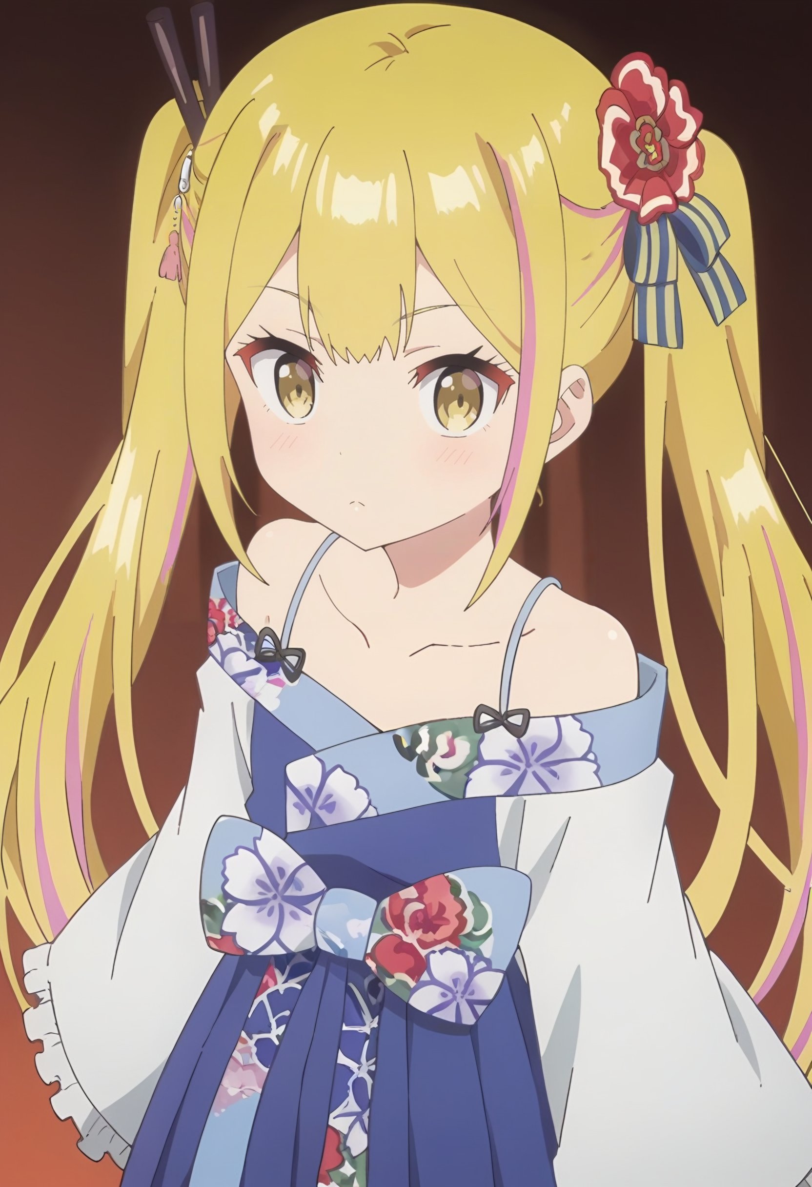 <lora:Sara de Odin:1> sara de odin, blonde_hair, long_hair, 1girl, multicolored_hair, twintails, streaked_hair, pink_hair, hair_ornament, solo, yellow_eyes, bangs,   japanese_clothes, kimono, looking at viewer, score_9, score_8_up, score_7_up, , anime coloring ,BREAK source_anime, anime