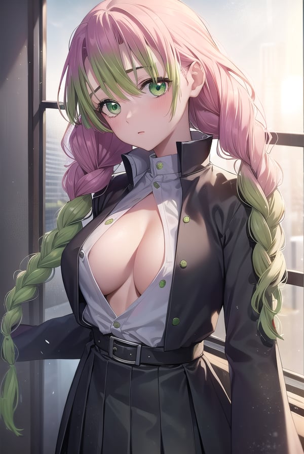 mitsurikanroji, <lora:mitsurikanroji-lora-nochekaiser:1>,mitsuri kanroji, braid, gradient hair, (green eyes:1.5), green hair, long hair, mole,  mole under eye, multicolored hair, pink hair, twin braids, two-tone hair,BREAK belt, black skirt, cleavage, coat, demon slayer uniform, haori, japanese clothes, long sleeves, miniskirt,  partially unbuttoned, pleated skirt, skirt, uniform,BREAK indoors,BREAK looking at viewer, (cowboy shot:1.5),BREAK <lyco:GoodHands-beta2:1>, (masterpiece:1.2), best quality, high resolution, unity 8k wallpaper, (illustration:0.8), (beautiful detailed eyes:1.6), extremely detailed face, perfect lighting, extremely detailed CG, (perfect hands, perfect anatomy),