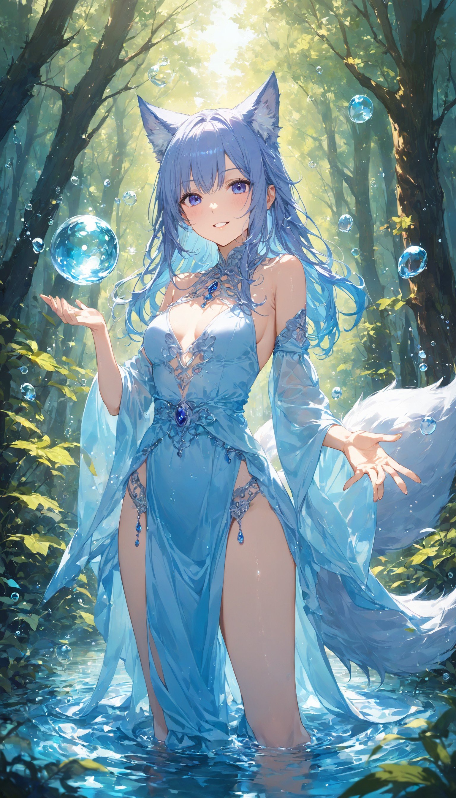 1 wolf girl, iolite eyes, wolf ears, wolf tail, (smile:0.9), parted lips, fantasy, lightweight dress, pelvic curtain, (thighhighs:0.8), (waist pouch:0.8), casting spell, water surface, path, forest, (bubble:1.1), (majic effect:1.1), sharp focus, looking at viewer, cowboy shot, (intricate:1.1), (light blue theme:1.1), (light blue tone:1.1), (silver tone:0.8), illustration, ,masterpiece, best quality, score_9, score_8_up, score_7_up, ultra-detailed, Best-A, Medium-B, Low-C, Bad-D,