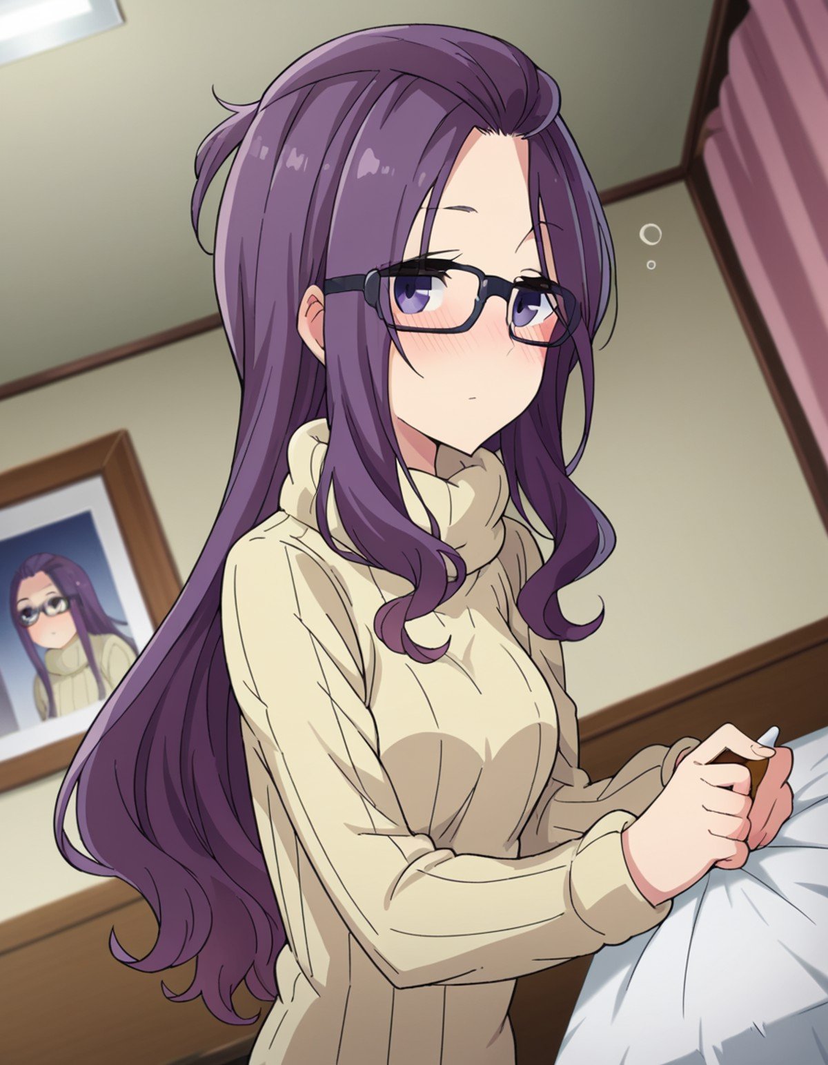 score_9, score_8_up, score_7_up, source_anime,sakurakagamihara, <lora:sakura-kagamihara-s1s2-ponyxl-lora-nochekaiser:1>,sakura kagamihara, long hair, purple eyes, purple hair, glasses, black-framed eyewear, bangs pinned back,long sleeves, sweater, turtleneck, ribbed sweater, turtleneck sweater, pants, denims,indoors, bed, bed room, on side, blush, drunk,looking at viewer, dutch angle, cowboy shot,