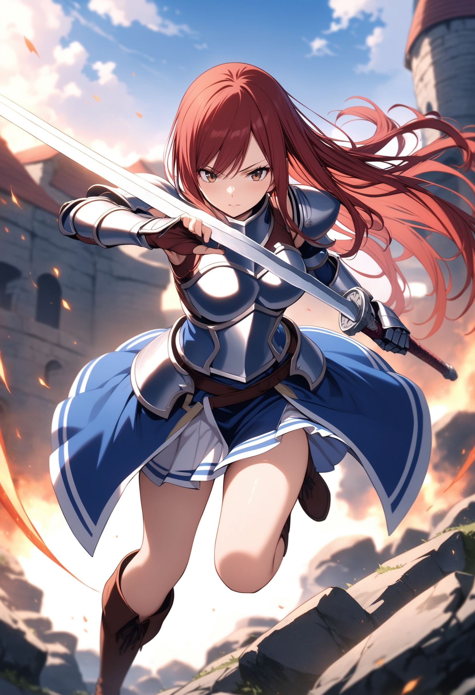 masterpiece, best quality, ultra detailed, very aesthetic,1girl, erza scarlet, fairy tail, red hair, brown eyes, armor, blue skirt, breastplate, pauldrons, gauntlets, shoulder armor, boots, sword, weapon, holding sword, holding weapon,