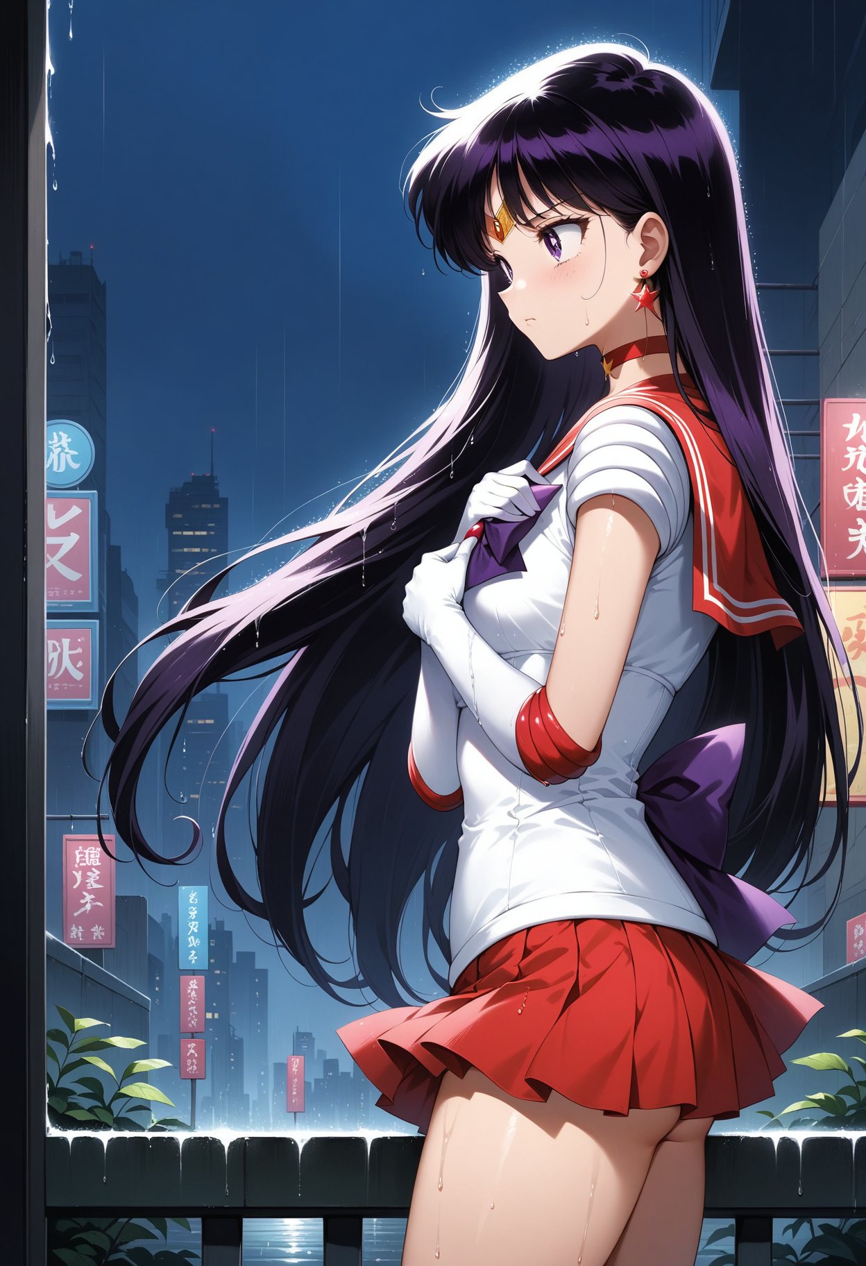 (masterpiece, best quality, very aesthetic, ultra detailed), intricate details, 4k, aamars, long hair, black hair, tiara, earrings, red choker, red sailor collar, purple bowtie, white shirt, elbow gloves, white gloves, pleated skirt, red skirt, bare legs, <lora:sailor_mars_animaginexl_v1:0.9>, from side, wet, rain, night, city, standing, cowboy shot, arms at sides, sad, hand on own chest, 