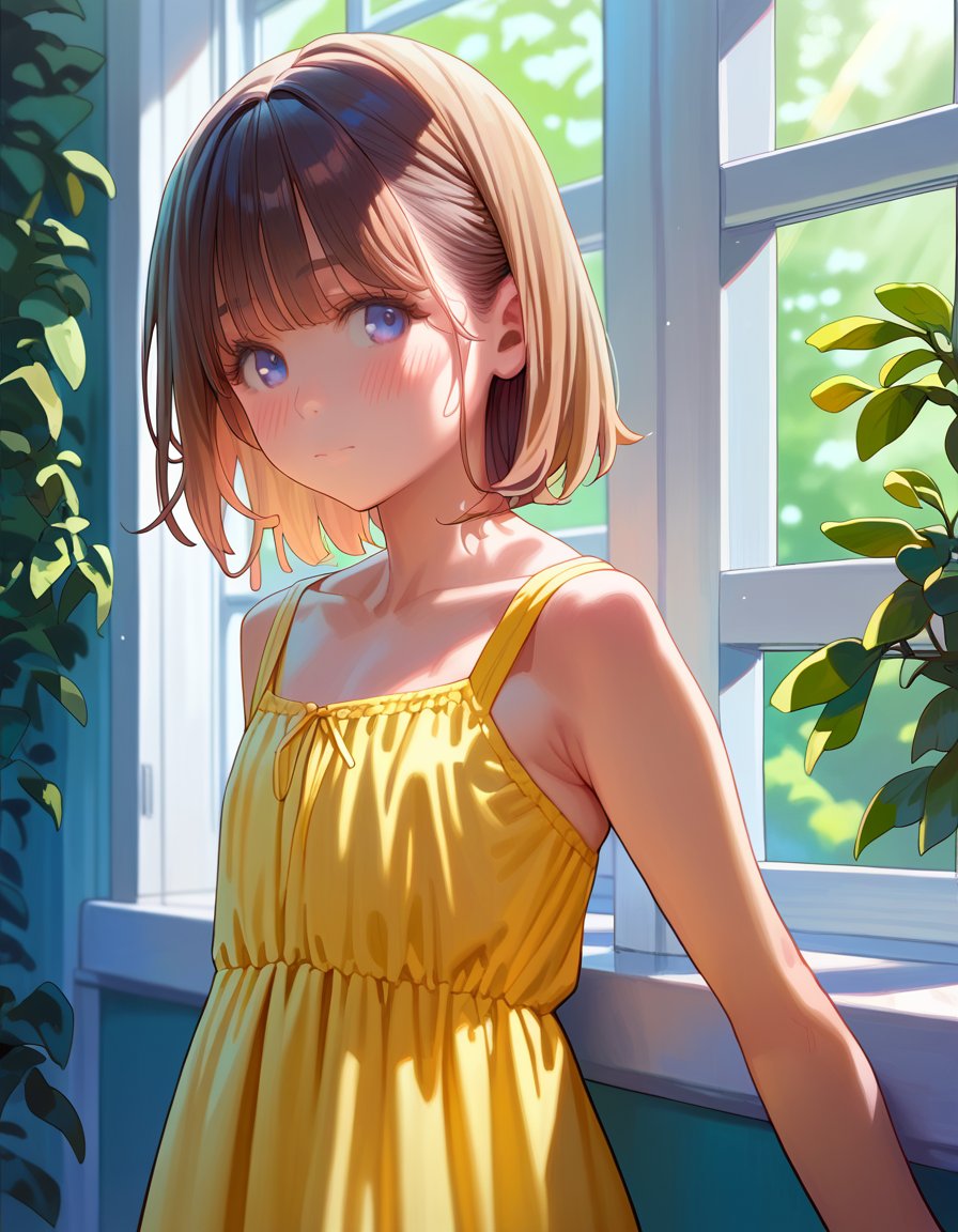 score_9, score_8_up, score_7_up, score_6_up, 1girl, cute, slender, solo, blush, sundress, yellow sundress, yellow dress, upper body, window, dappled sunlight, sunlight, nature, blue sky, <lora:aoikumikoPony:1>, looking at viewer, 