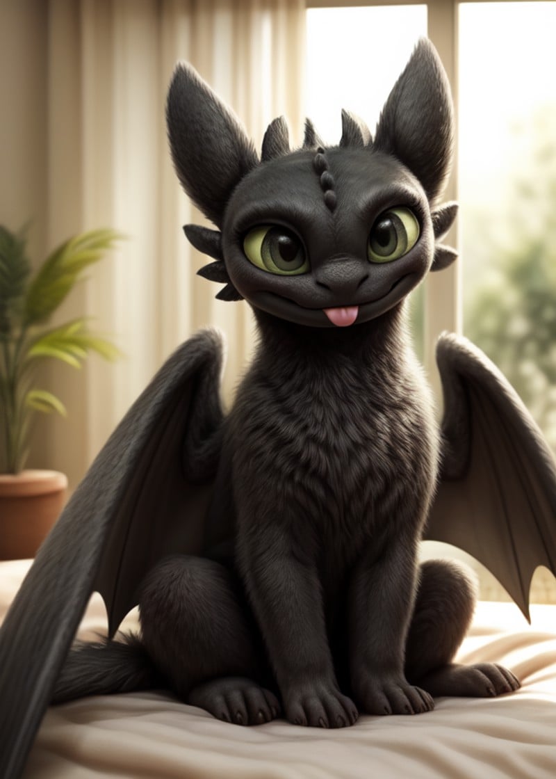 feral (fluffy:1.15) (toothless, black fur, black membrane wings, blep, smile) sitting on bed,sunny day, beach, window, plant, sunlight,BREAK,(masterpiece, best quality, ultra realistic, 4k, 2k, (intricate:1.1), (high detail:1.4), film photography, (soft focus:1.1),RAW photo, photorealistic, analog style, subsurface scattering, photorealism, absurd res)