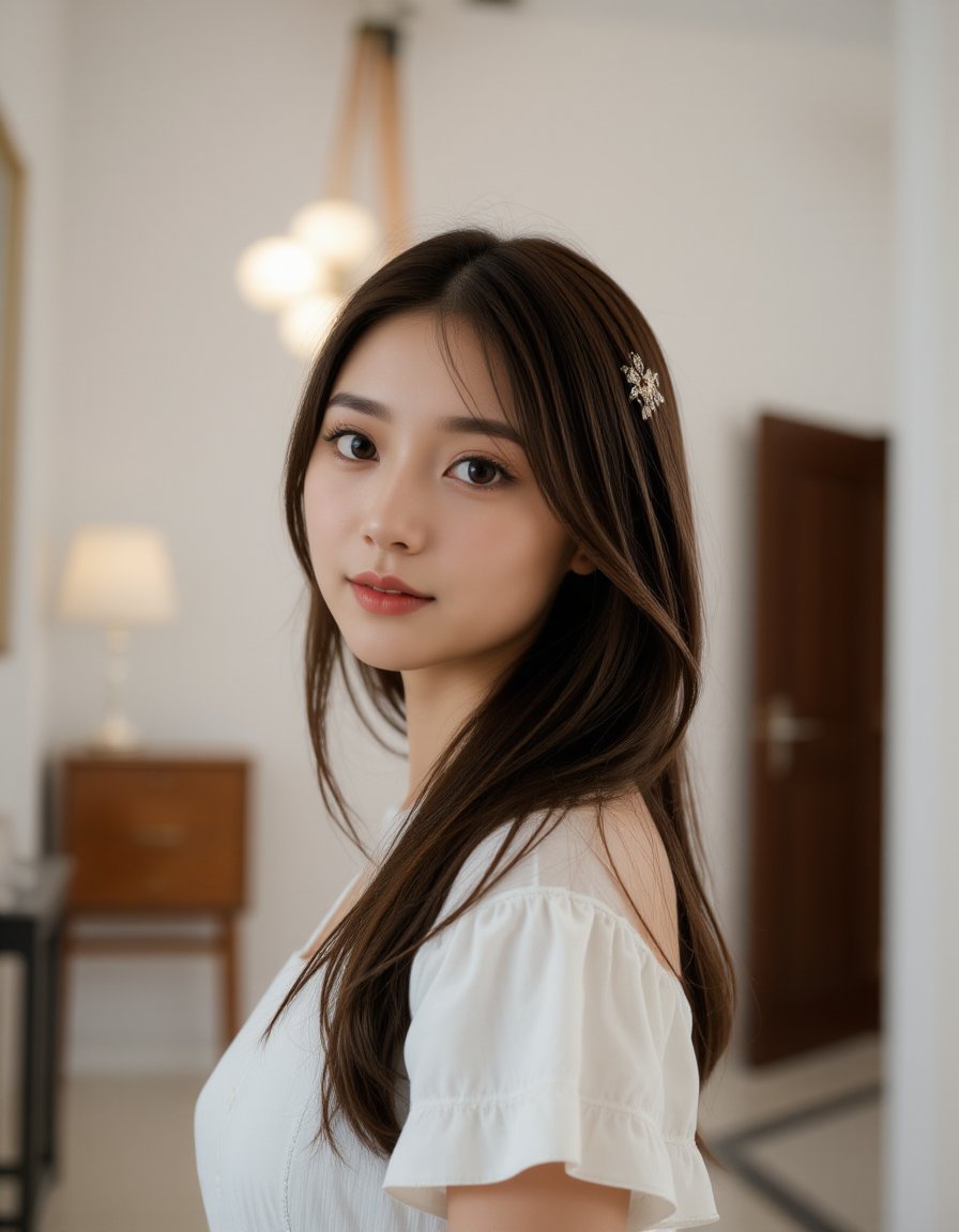 best quality, masterpiece, raw photo of a female in white dress, close up face, brown hair, fashion accessories, looking at viewer, indoor, day time, professional photo, high contrast exposure, soft bokeh, high key light, hard shadow, soft bokeh, simple background, white background,  <lora:hinaFluxAsianMixLora-schnell_v2:0.9>