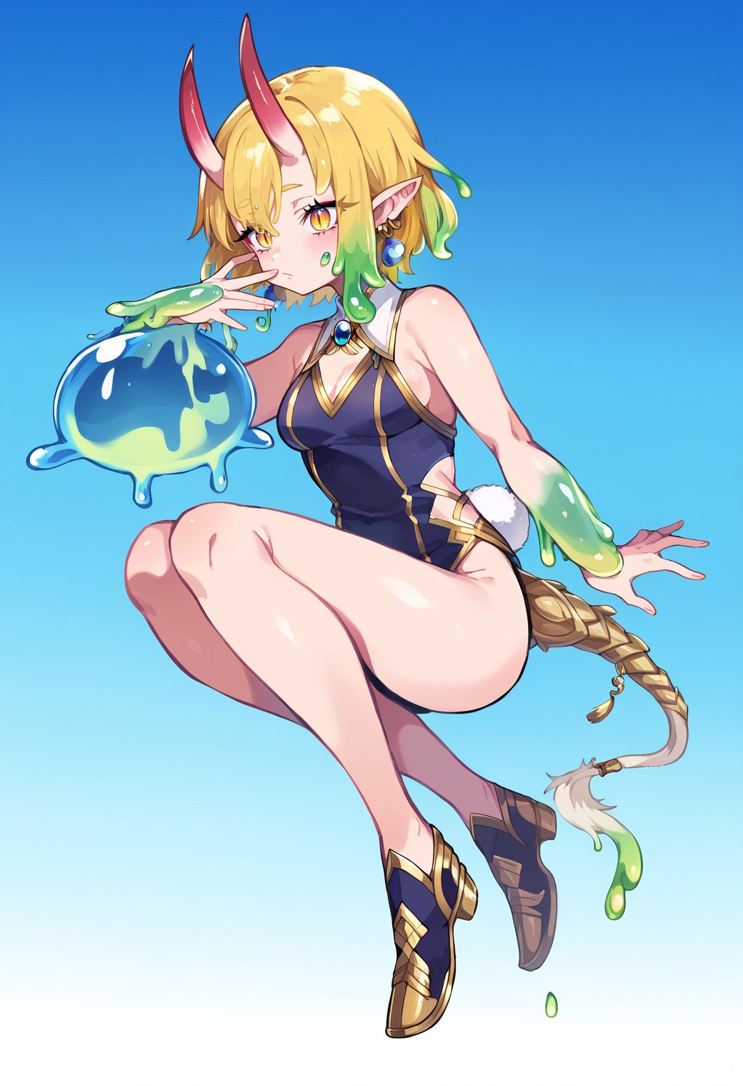 jewelry, gold trim, 1girl, feather trim, solo, blonde hair, earrings, multicolored hair, gradient hair, short hair, whorled clouds, blue sky, full body, oni horns, dragon tail, slime girl, rabbit tail, slit pupils, pointy ears, kuronagamimi, lack|kintadistortion,<lora:absurdres_quality:1> masterpeice, best quality, very aesthetic, absurdres