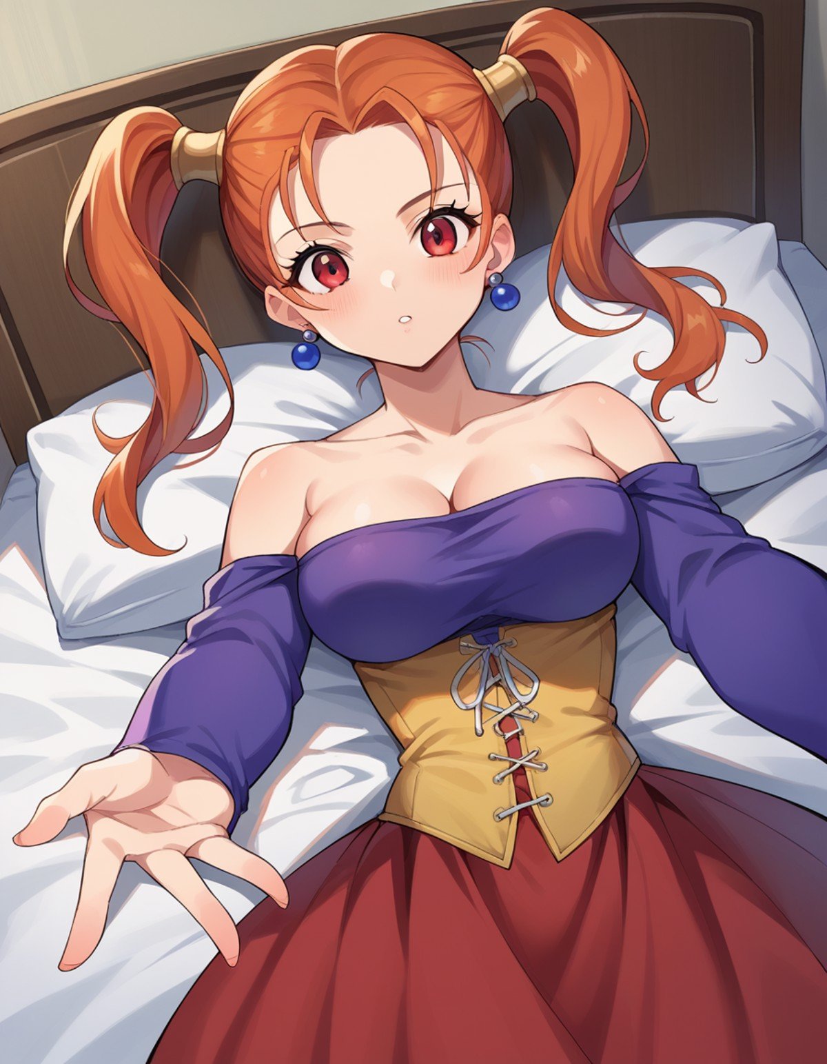 score_9, score_8_up, score_7_up, source_anime,jessicaalbert, <lora:jessica-albert-ponyxl-lora-nochekaiser:1>,jessica albert, orange hair, red eyes, twintails,bare shoulders, cleavage, dress, earrings, jewelry, off shoulder, off-shoulder dress, purple shirt, shirt, strapless, strapless dress, corset,indoors, bed, bed room, on back, arm support, arms up, incoming hug, pov, reaching, reaching towards viewer,looking at viewer, dutch angle, cowboy shot,