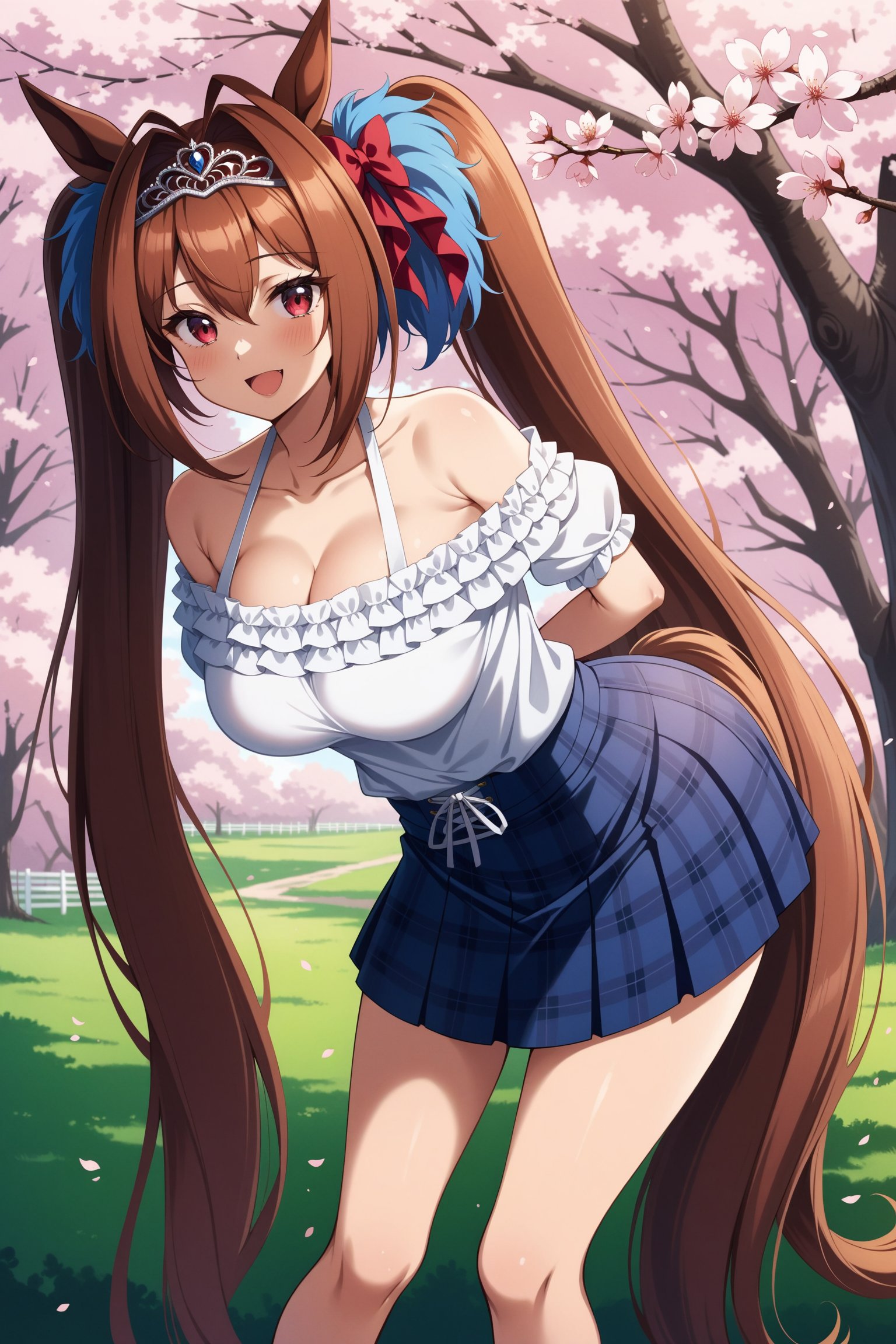 (masterpiece, best quality, very aesthetic, ultra detailed), intricate details, 4k, anime style, aadaiwa, long hair, twintails, hair bow, animal ears, tiara, horse tail, bare shoulders, off-shoulder, cleavage, white shirt, short sleeves, plaid skirt, blue skirt, <lora:daiwa_scalet_XL_v1:0.9>, arms behind back, smile, open mouth, standing, cowboy shot, bent over, leaning forward, outdoors, cherry blossoms,