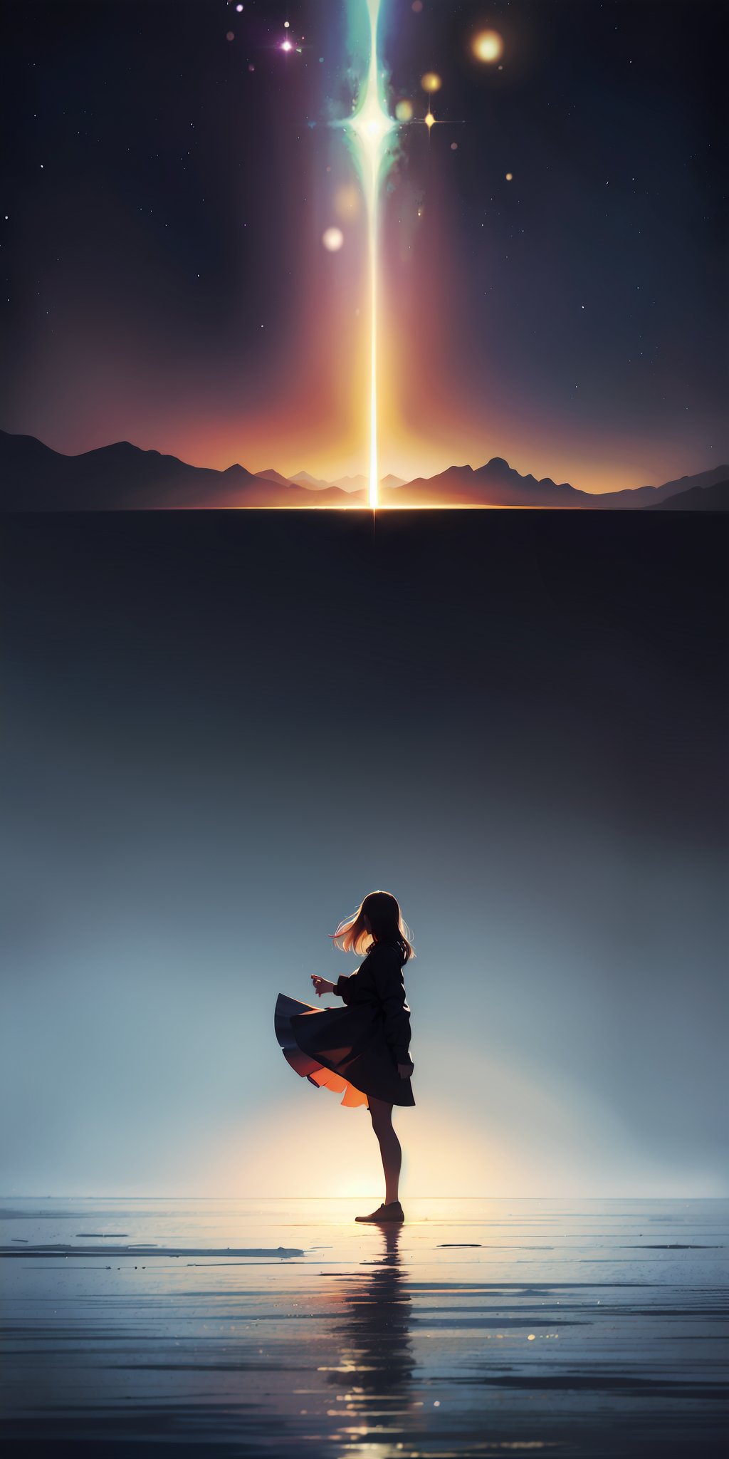 A girl standing in the center of the lake,feeling lonely,Masterpiece,high-definition resolution,rich details,Ultra high quality,8k wallpaper,Rich colors,GMajic,Spatial distortion,Rotation,fluorescence,Contrasting colors,gradient colors,Film texture,grand narrative scenes,abstract art,Illustration Art,Dynamic posture,relaxed posture,(colorful stars:1.1),light,(Abstract Art:1.1),Light and Shadow Art,Abstract human body,integrated with the universe,Mysterious feeling,simple style,High contrast,Illusory color,scenes of spring,lake surface,small boats,(Chinese landscapes:1.2),embroidered texture,Linear art,