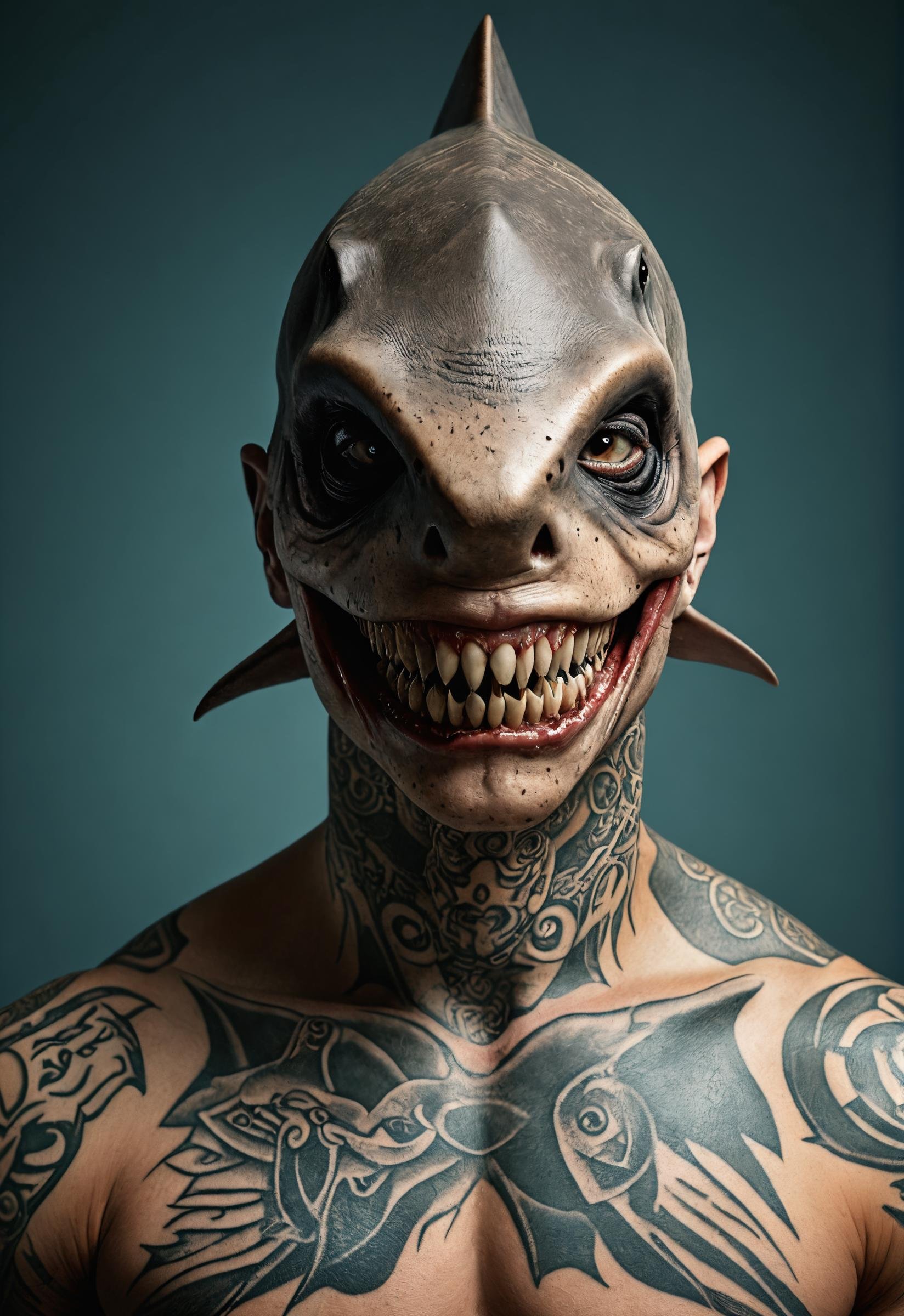 photo,mutation,human with shark head face,studio lighting,tattoos  <lora:sdxl_photorealistic_slider_v1:1.1>