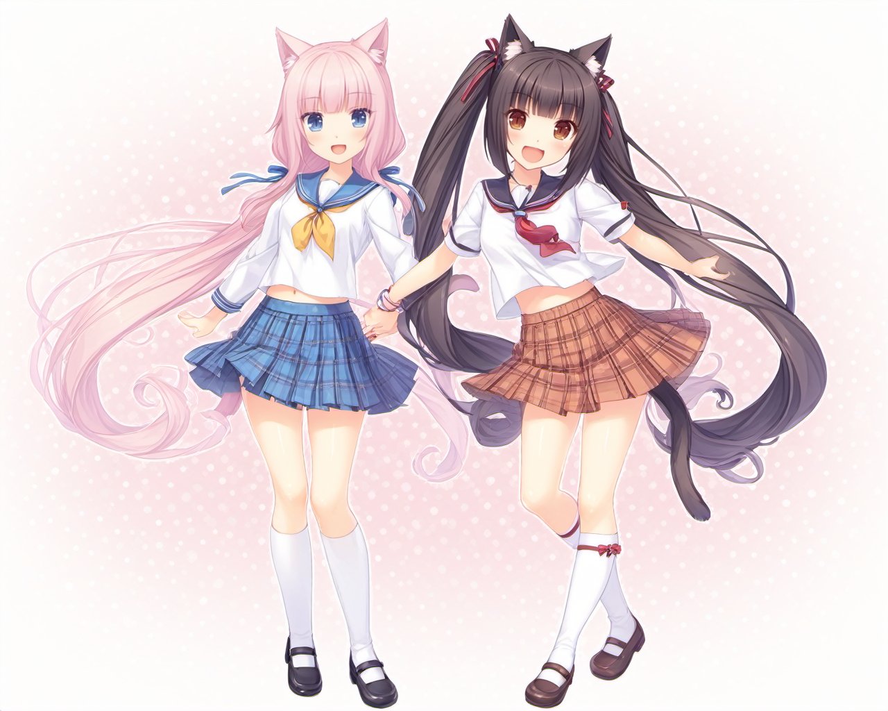 <lora:SDXL-Nekopara-Base-Lora-000002:0.75>,multiple_girls, nekopara, , 2girls, school_uniform, animal_ears, skirt, twintails, blue_eyes, cat_ears, locked_arms, long_hair, pink_hair, serafuku, socks, black_hair, tail, very_long_hair, open_mouth, shoes, smile, plaid_skirt, navel, cat_tail, pleated_skirt, plaid, brown_eyes, :d, mary_janes, ribbon, bow, hair_ribbon, slit_pupils, kneehighs