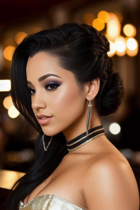 portrait photo of Abella beautiful woman hair updo upsweep nightclub sitting at bar (masterpiece) (best quality) (detailed) (8k) (HDR) (wallpaper) (cinematic lighting) (sharp focus) (intricate)  <lora:Abella:0.9>