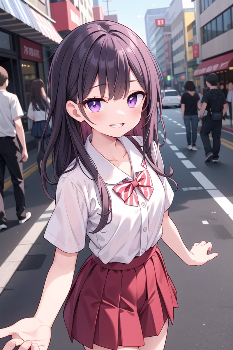 <lora:talkmouth_I_type2_v100:1>insanely detailed, absurdres, ultra-highres, ultra-detailed, best quality,1girl, solo, nice hands, perfect handsBREAKsummer school uniform, (plain dark red skirt with many pleats:1.4), (striped red bowtie:1.3), short sleeves, white shirt, shirt with white button, shirt_tucked_in    BREAK    (breast pocket, vest, blazor, long sleeves, checked skirt, striped skirt, striped shirt, striped sleeves, bra visible through clothes, skirt with frill:-1)BREAK(nsfw:-1.5)BREAKsmile, open mouthBREAKfrom above,standing, cowboy shot, looking at viewerBREAKslender, kawaii, perfect symmetrical face, ultra cute girl, ultra cute face, ultra detailed eyes, ultra detailed hair, ultra cute, ultra beautifulBREAKin street, cityscape in harajuku, depth of field, ultra detailed backgroundBREAKmedium breastsBREAKpurple hair, purple eyes, messy hair, 