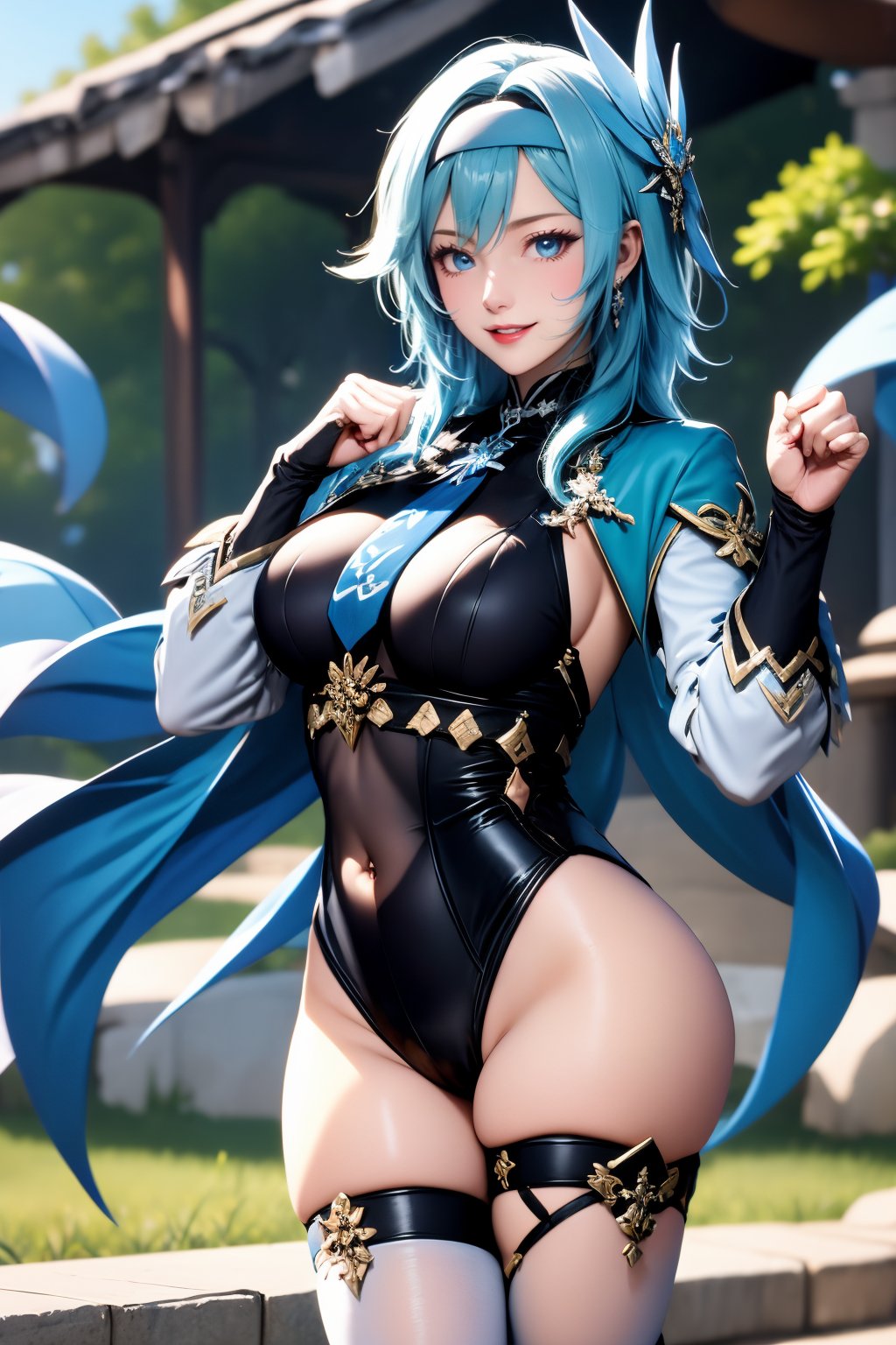 1girl, solo, eula \(genshin impact\), thighhighs, covered navel, blue hair, blue necktie, hairband, necktie, looking at viewer, black hairband, blurry background, black thighhighs, breasts, leotard, hair ornament, long sleeves, lips, blurry, blue cape, cape, medium hair, black leotard, skindentation, smile, paw pose, thighs, blue eyes, cowboy shot, parted lips, jewelry, large breasts, long hair, medium breasts, earrings, hands up, outdoors, boots, white shirt, shirt, thick thighs, thigh strap, gloves, cameltoe