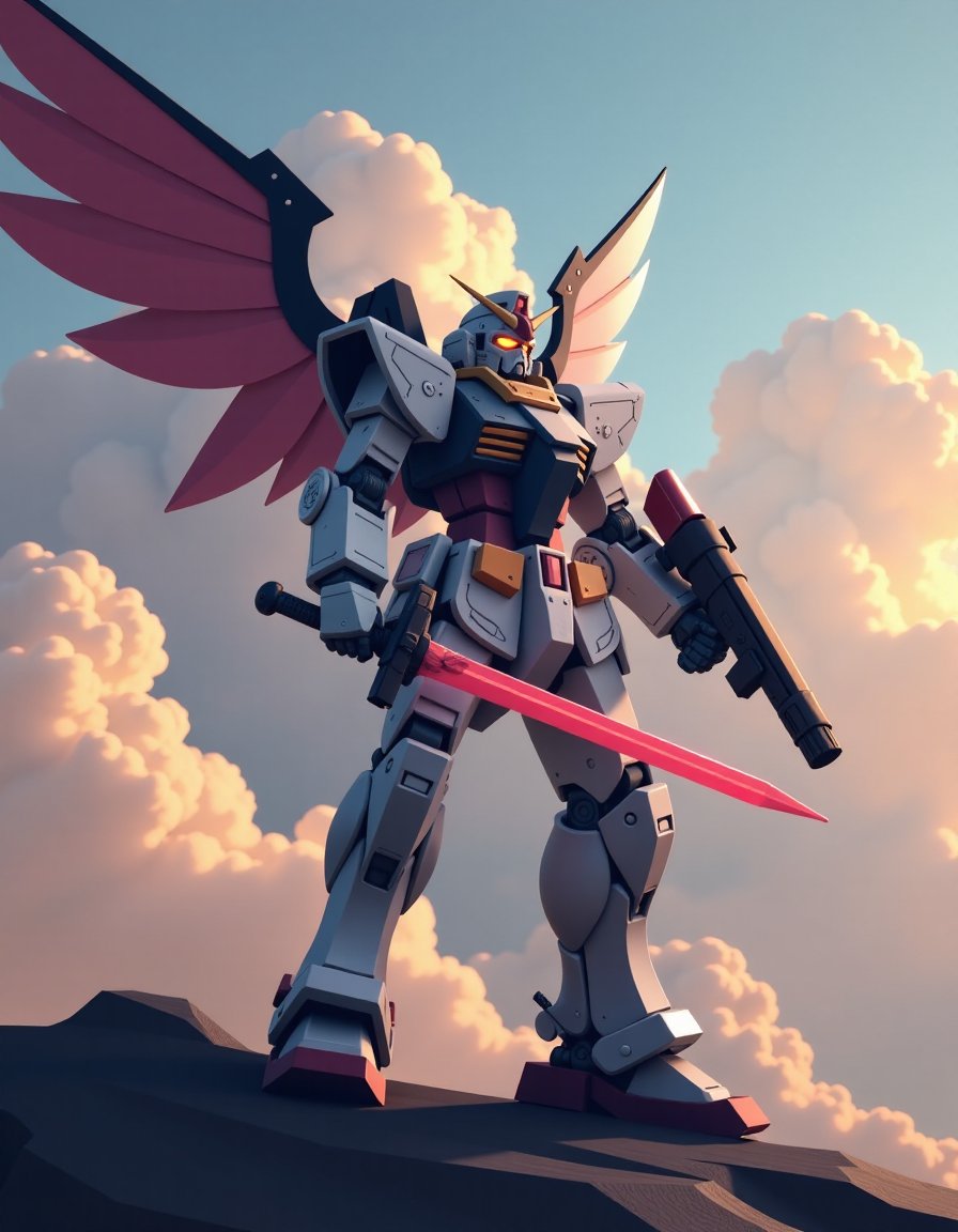 <lora:Neofantasy:1>creativefantasy,photorealistic,weapon, cloud, armor, robot, gun, sword, cloudy sky, mecha, sky, solo focus, glowing, helmet, wings, shield