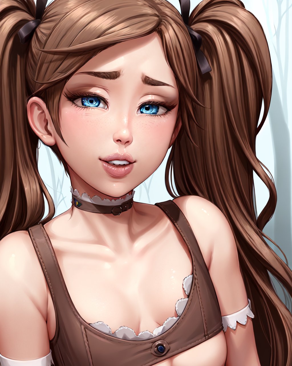 (majalis:1.2), (1boy, femboy, hiro:1.1), brown hair, twintails, flat chest, closeup, lips, lip biting, long hair, looking at viewer, closeup, eyelashes, solo, blue eyes <lora:majalis_style_v2.1:0.8>