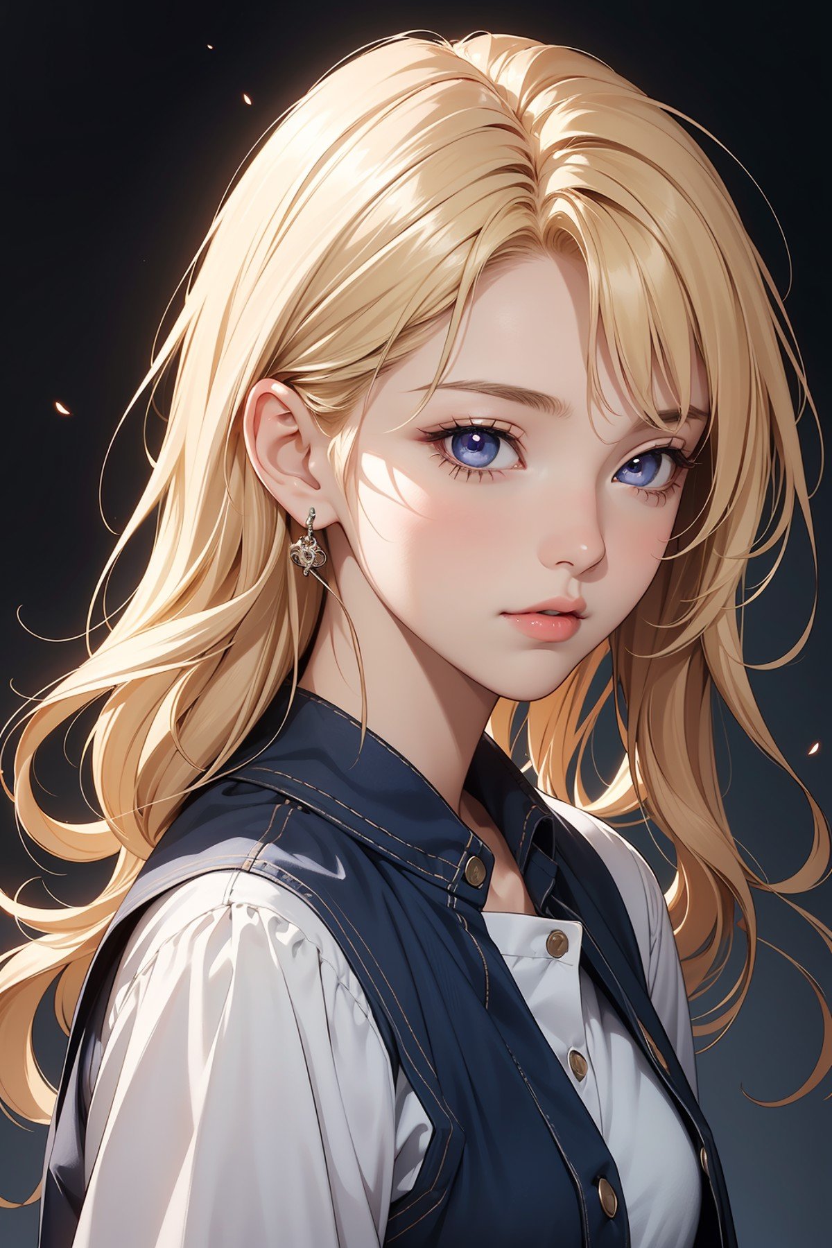 1girl, upper body, (masterpiece, best quality), RAW photo, 16k wallpaper, extremely detailed CG, amazing, ultra detailed, hyperrealistic, official art, High quality texture, incredibly absurdres, highres, 18 years old, cute girl, blonde hair, beautiful face, detailed dark indigo eyes
