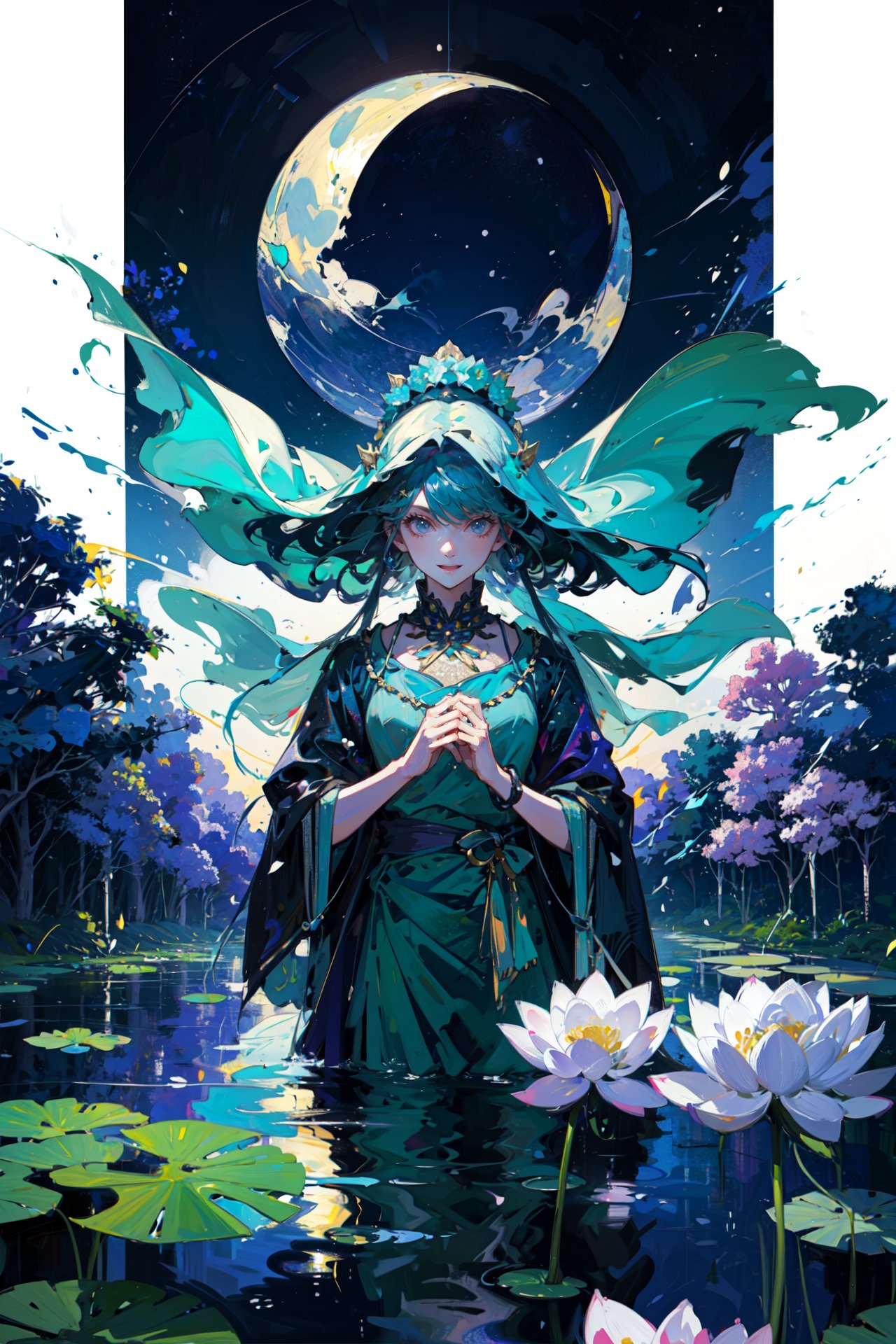 ((best quality, masterpiece, absurbres, super-resolution)) The moonlight over the lotus pond, Green and Blue, Lotus flowers on full bloom, Traditional 