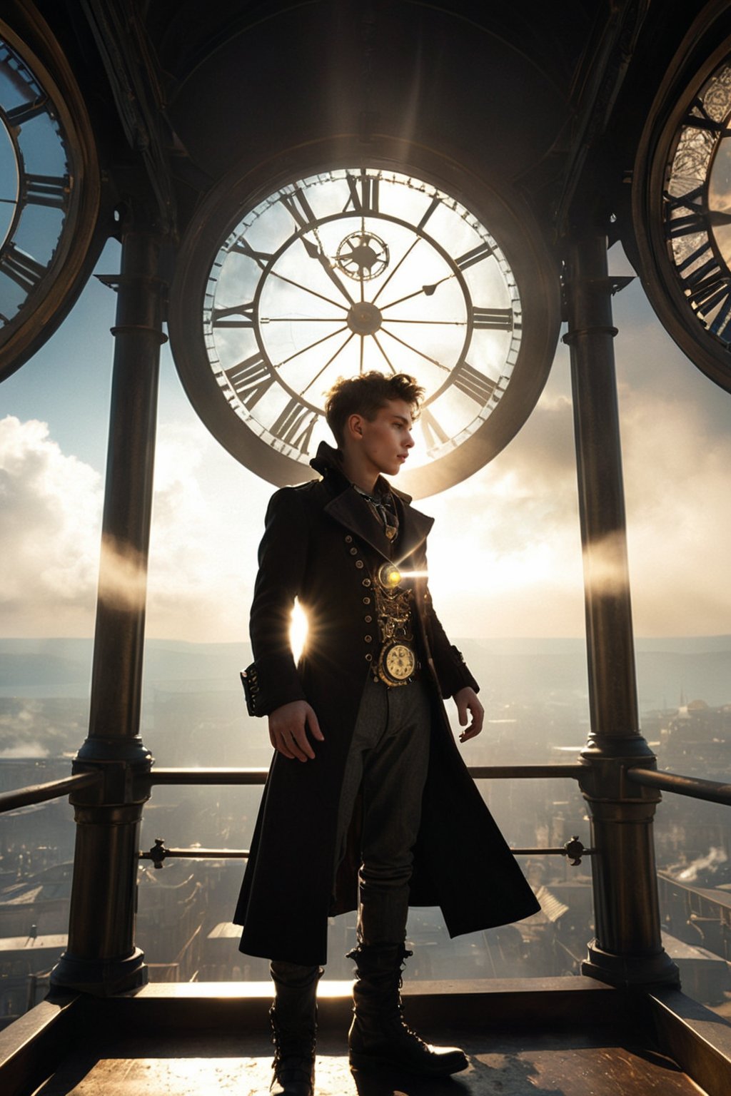 (1boy), 21year old, arkane style steampunk fantasy, hi atop a steampunk clock tower, full body shot, mist, sun beams, ray tracing, light refraction, subject looking down, dark moody theme, male focus, steam in the air, (multicolor components), otherworldly, (intricate details), highest quality, RAW, hyper detailed photorealistic, life-like, accurate, proportional, sharp focus, (accurate cinematic lighting), photorealistic detail, (selective focus:0.6)