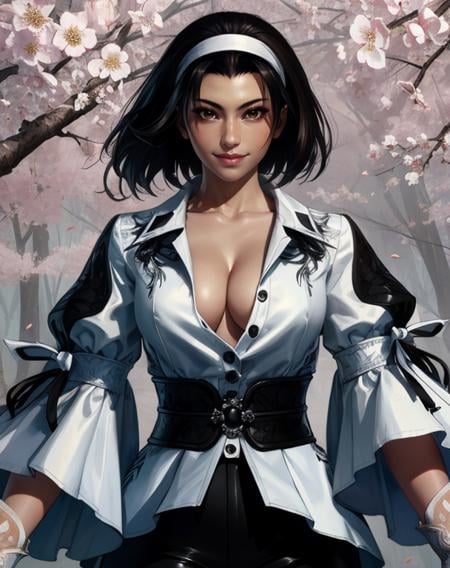 junkazama,black hair,medium hair,brown eyes,hairband,white top,wide sleeves,short sleeves,skirt,white gloves,black pants,skirt, cleavage,   smile,morning,spring,(insanely detailed, masterpiece, best quality),solo,<lora:JunKazamaT8:0.8>,