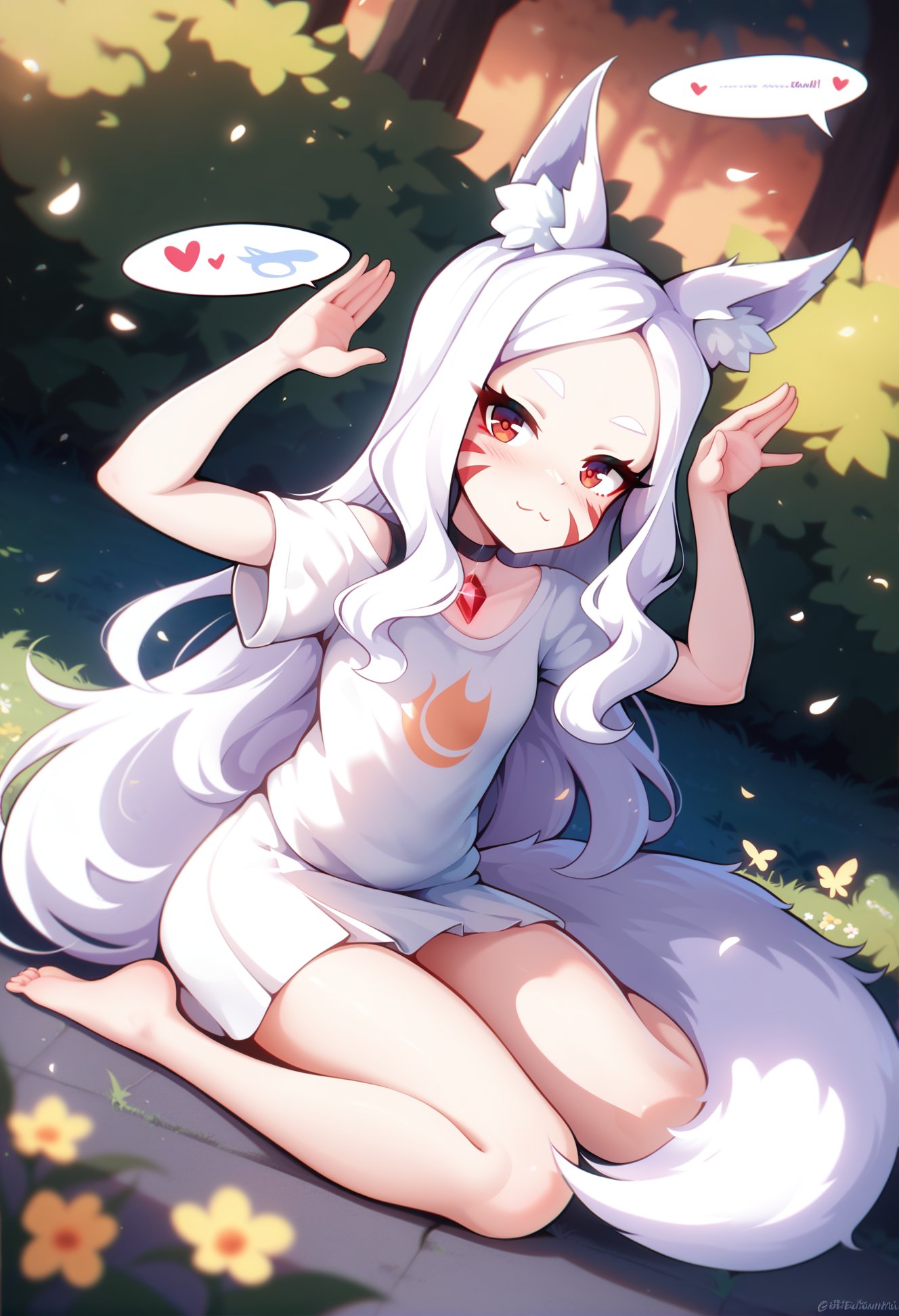 by merrytail, best quality, masterpiece, score_9, score_8_up, score_7_up,1girl, shiro \(sewayaki kitsune no senko-san\), animal ear fluff, fox girl, fox ears, fox tail, eyelashes, white hair, long hair, red eyes, facial whisker markings, pale skin, choker gem, sleeveless t-shirt, skirt, white panties, full body,  :3, rabbit pose, speech bubble with heart, wariza,outdoors, forest meadow, flowers, bushes, dusk, evening, fireflies, grass