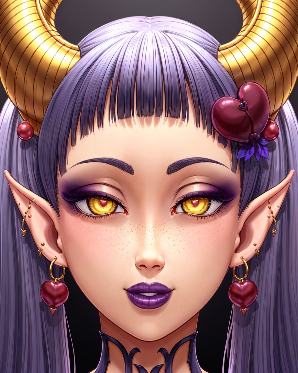 (majalis:1.2), (1girl, demonking, slit pupils, cherry hair ornament:1.1),(closeup:0.8), demon girl, earrings, eyelashes, eyeshadow, freckles, golden horns, hair ornament, smile, heart, horns, jewelry, lipstick, long hair, looking at viewer, makeup, piercing, pointy ears, purple hair, purple lips, solo, twintails, yellow eyes <lyco:majalis_style_v2:0.6>