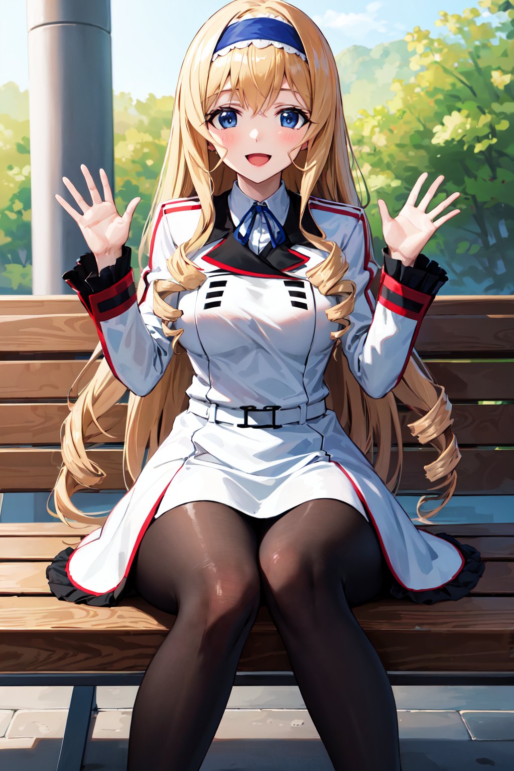 masterpiece, best quality, highres,  aacecilia, very long hair, curly hair, drill hair, blue hairband, school uniform, white jacket, white dress, long sleeves, belt, black pantyhose, <lora:cecilia_alcott_v1:0.7>, sitting, bench, waving, smile, open mouth, outdooors