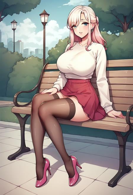 score_9, score_8_up, score_7_up, 1girl, exterior, park, long hair, high heels, stockings, skirt, long sleeve sweatshirt, sitting on a bench, <lora:Binto_Style_PDXL:0.9> bintoxl, large breasts,