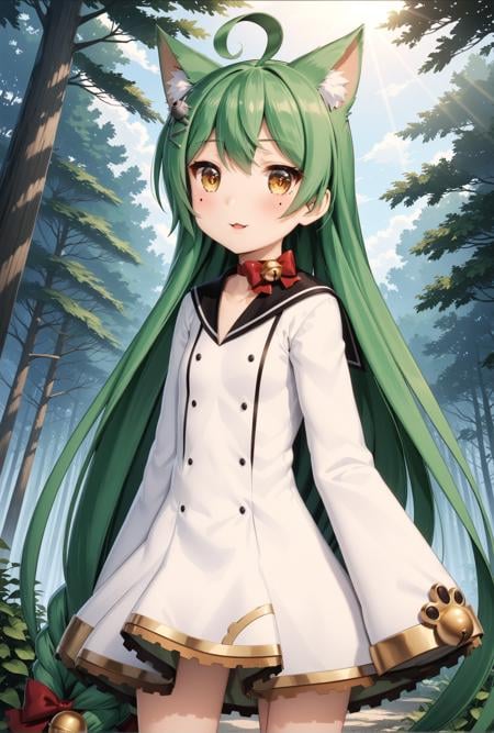 masterpiece, best quality, very aesthetic, ultra detailed, intricate details, 4k, anime style,AkashiAi, 1girl, solo, mole, mole under eye, yellow eyes, green hair, long hair, blush, smile, bangs, cat ears, animal ears, hair between eyes, brown eyes, very long hair, animal ear fluff, braid, hair bow, long sleeves, dress, bow, ahoge, parted lips, choker, wide sleeves, sailor collar, white dress, red bow, sleeves past wrists, bell, jingle bell, sleeves past fingers, sailor dress, black sailor collar, akashi (azur lane)cowboy shot, looking at viewer, forest, outdoors, tree, sunlight, cloudy, <lora:Akashi_XL:1>