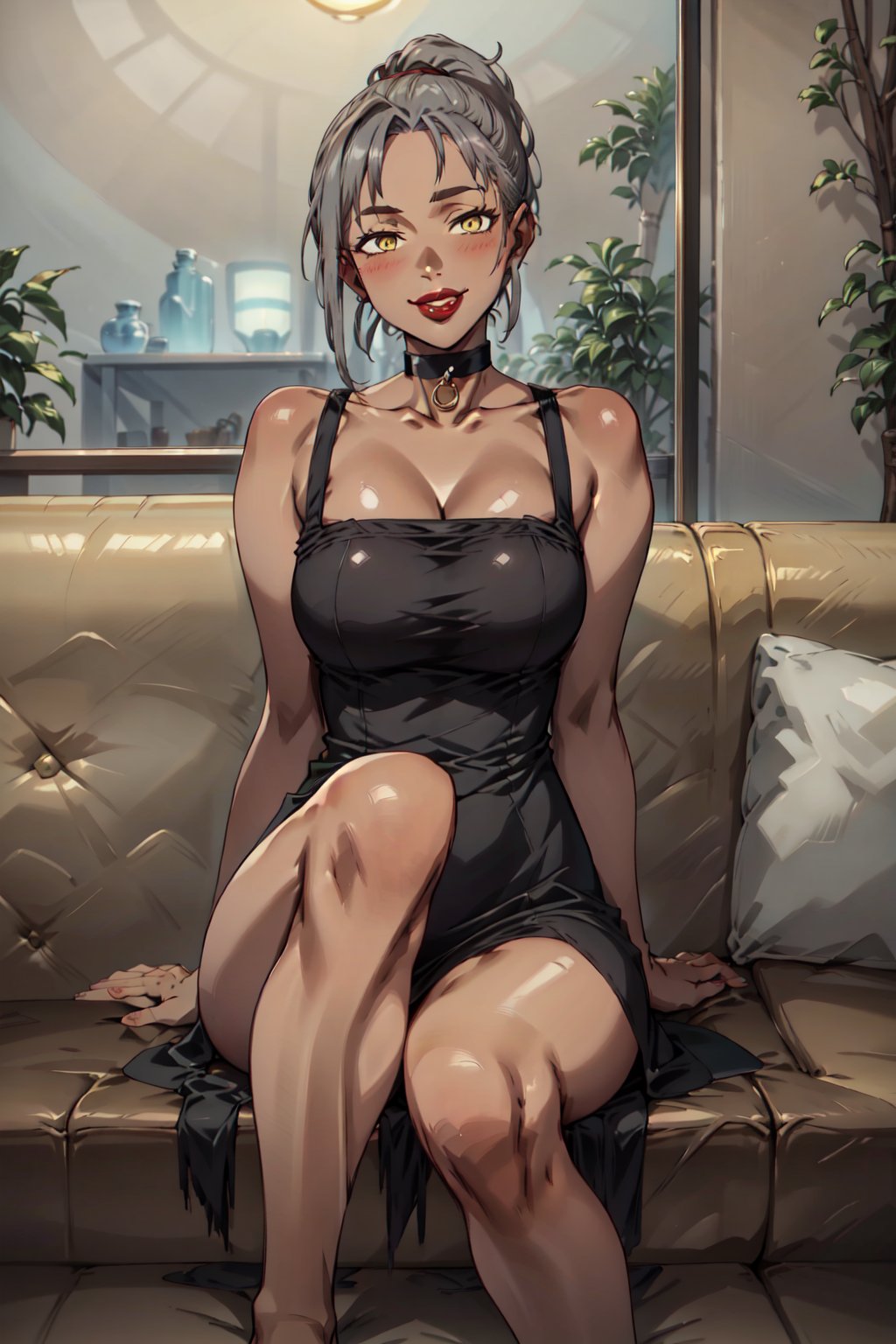 (masterpiece, best quality:1.2), dis, 1girl, ponytail, gray hair, brown eyebrows,dark skin, yellow eyes,big lips, red lipstick, big breasts, skinny, <lora:dis:1> earrings, jewelry, nervous, choker, black dress, barefoot, c0uchc4sting, <lora:c0uchc4sting:0.8> sitting on a black couch, smile, blush, looking_at_viewer, undressing, ((sittting on couch)), ((bedroom))