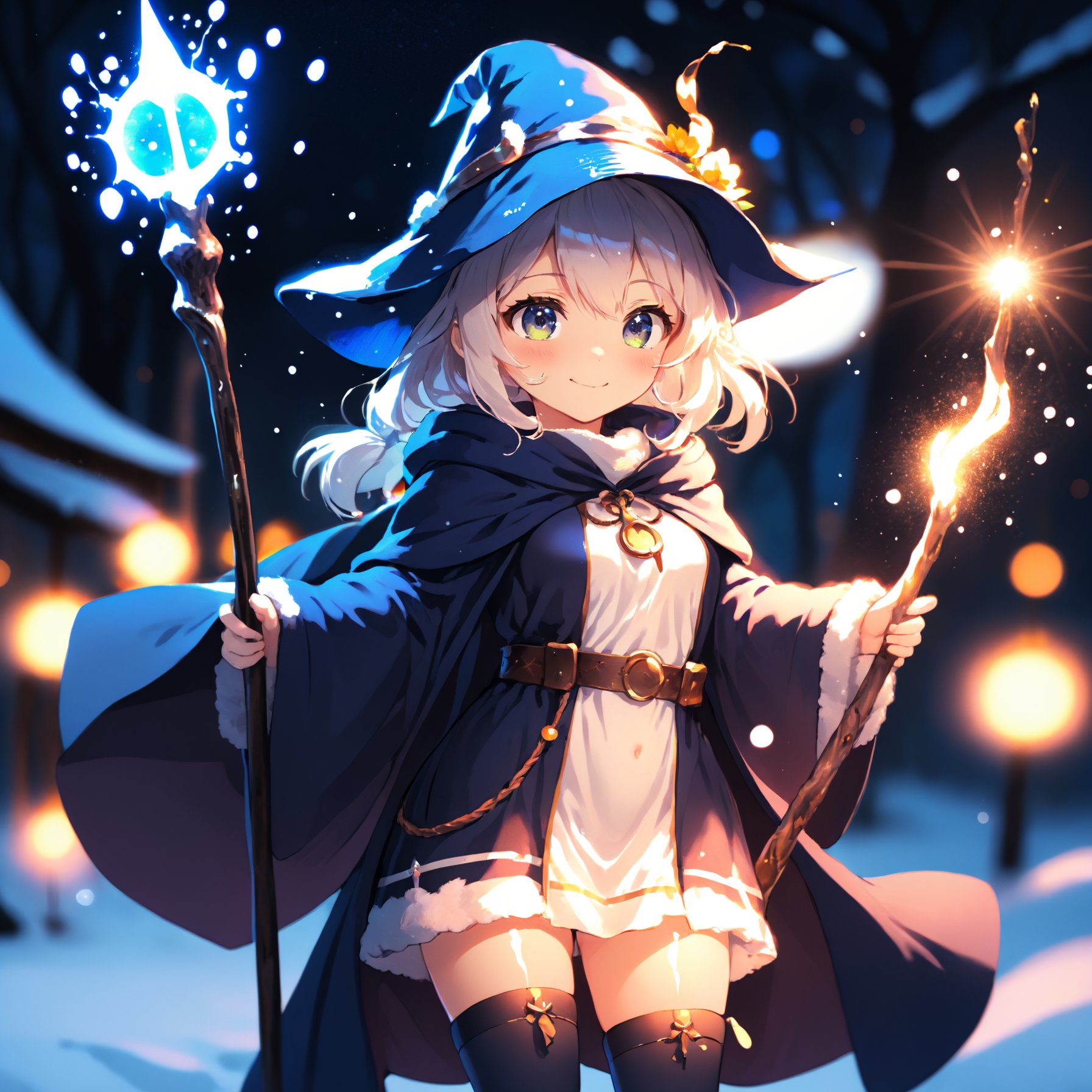 anime, cute girl, wizard hat, robe, thigh-highs, holding ancient staff, happy, midnight, bloom, ambient occlusion, glow, glowing lights, light particles, transparent, translucent, bokeh, depth of field, snow, wind