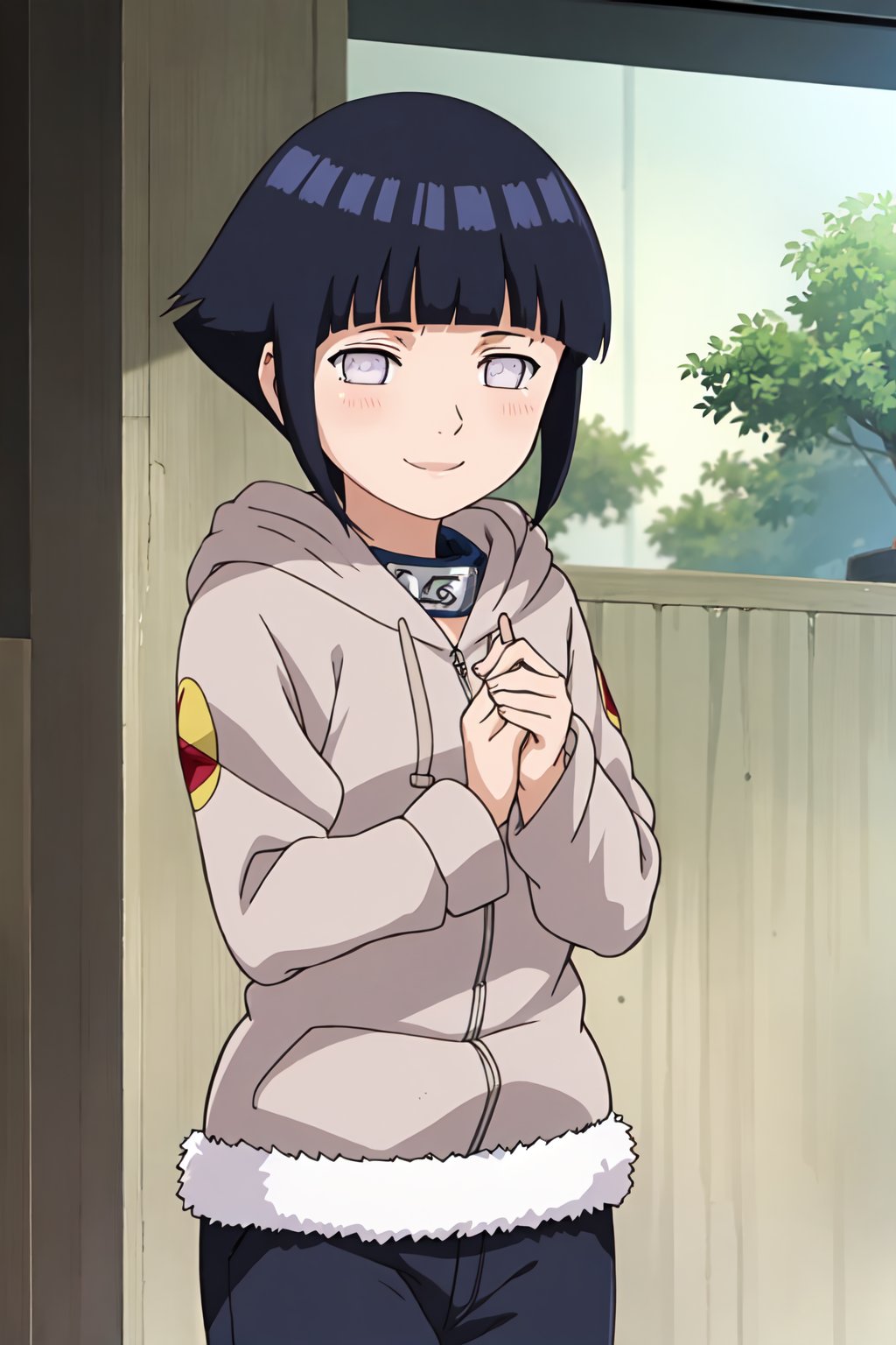 hinata, 4k, absurd, high resolution, very high resolution, high definition, masterpiece, anime_source, short hair, black hair, no pupils, blunt bangs, shiny hair, white eyes, hoodie, hood down, long sleeves, capri pants,hands behind the back, blush, smile, upper body<lora:EMS-383008-EMS:0.900000>