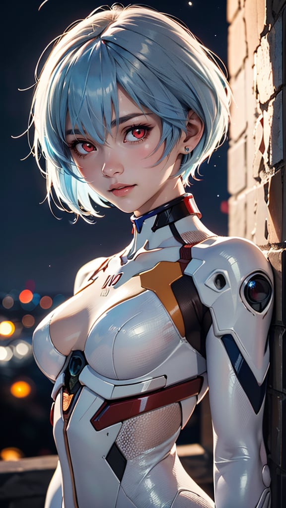 (best quality, masterpiece, colorful, highest detailed) upper body photo, fashion photography of cute (Rei Ayanami), intense-red-eyes, in high detailed textured Evangelion white plugsuit, (light smile:0.3), moonlight passing through light blue hair, (night beautiful background:1.3), (intricate details), (dynamic angle)