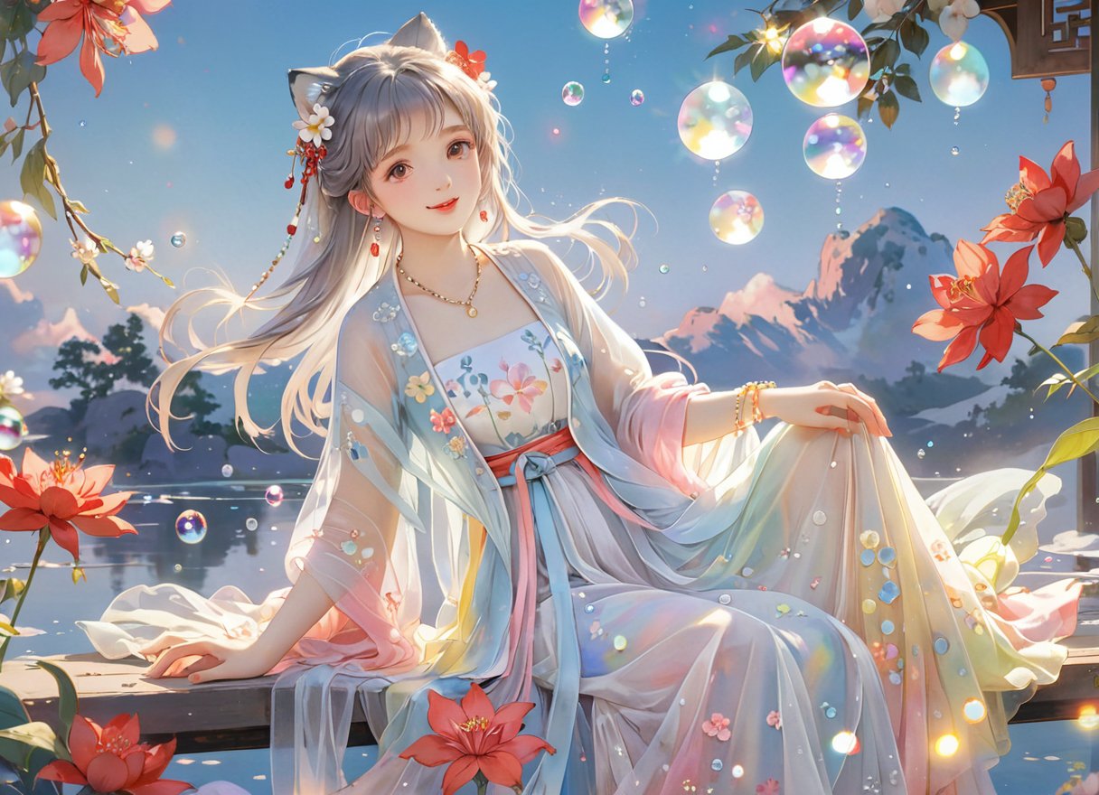 Colorful colors,surrounded by water bubbles,oil paintings painted in anime style,chinese girls,,(red_flowers foreground:1.6),(starrysky:1.4),1girl among colorful_flowers,(dynamic pose:1.4),(face and body blocked by flowers:1.6),look at viewer,light smile,small breasts,(tulle white_dresses:1.3),white gow hair flower,pearl bracelet,drop earrings,pendant,BREAKdim.warm light,backlighting,romantic setting,dreamy pastel palette,(highly detailed body, highly detailed face:1.2),(medium shot:1.4),(from below:1.3),High resolution scan,BREAKTransparent texture of clothing,light refraction,rendering light,White,pink,light blue,light yellow,rainbow color,Transparent silk,gauze,sexy,seductive,Ice and snow,light blue,printed clothes,hanfu, bokeh photography,(soft focus:1.2),out-of-focus highlights,dreamy ambiance,glowing circles,mesmerizing dep,full_body,flowers ,(innocent grey),fox girl,fairy <lora:青绿汉服:0.741> <lora:神明少女:0.651><lora:古风动漫美女XL_古风动漫美女XL_v1.0:0.51>barefoot, 